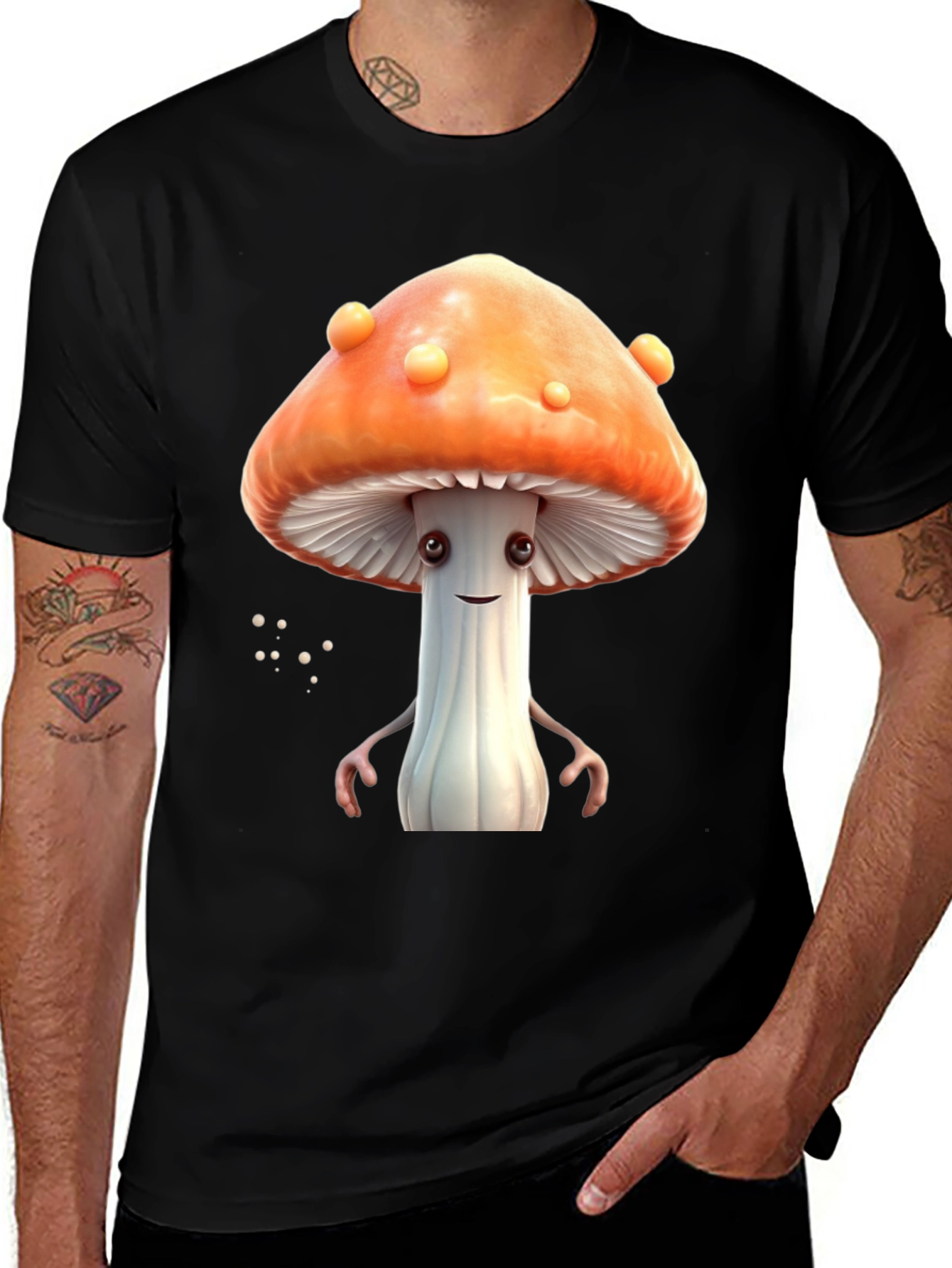 Variant 20 of Mushroom Character Graphic Tee - Funky Black T-Shirt