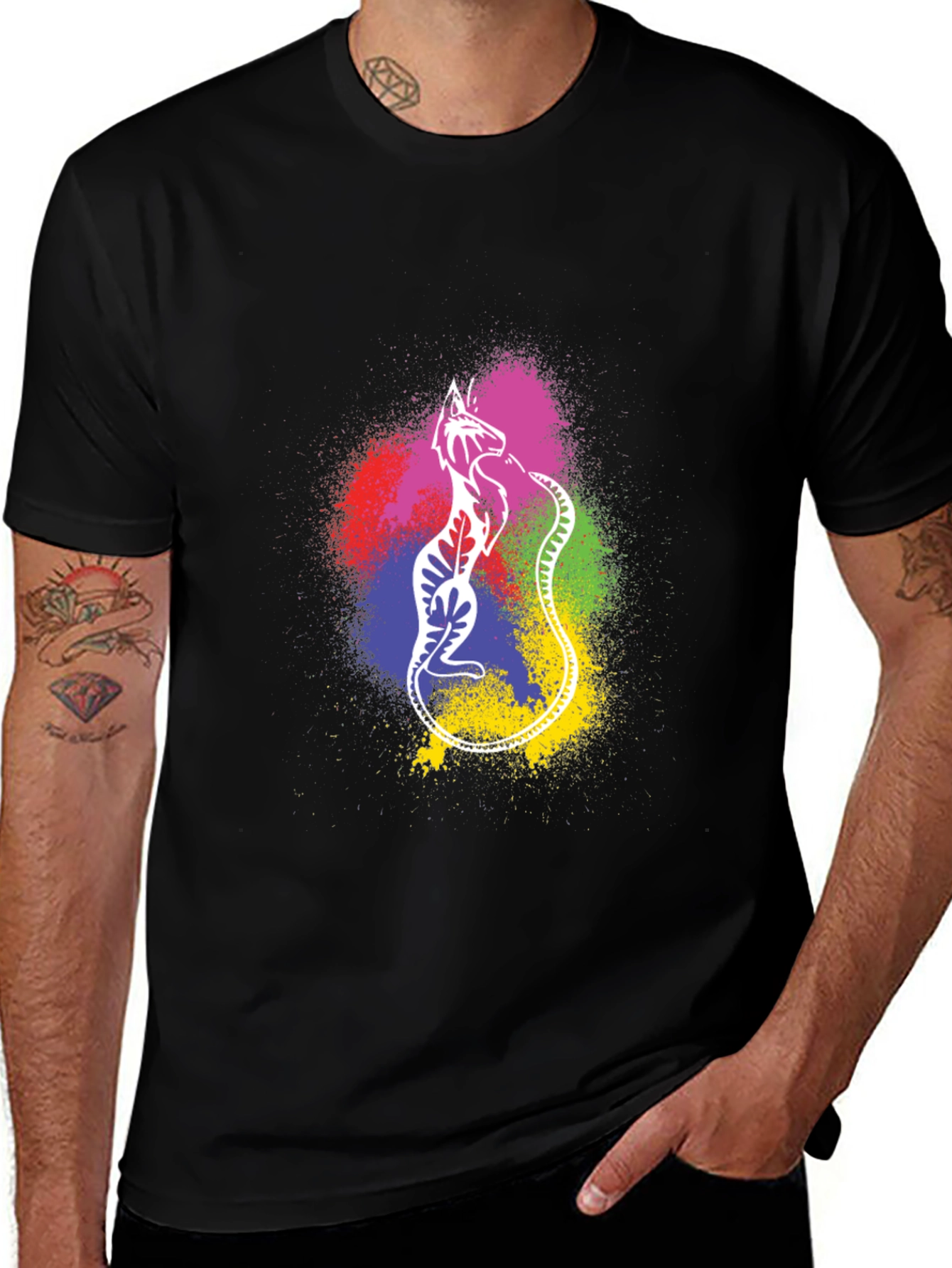 Variant 29 of Colorful Cat Graphic T-Shirt - Black