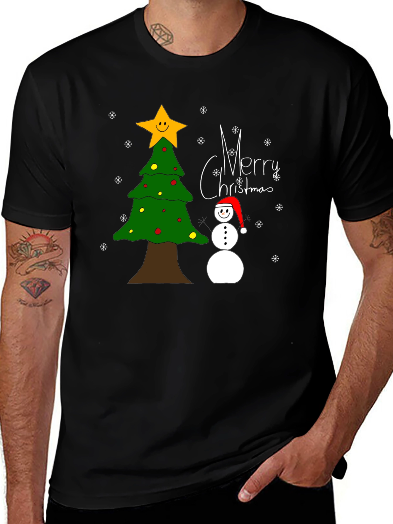 Festive Christmas T-Shirt with Tree and Snowman