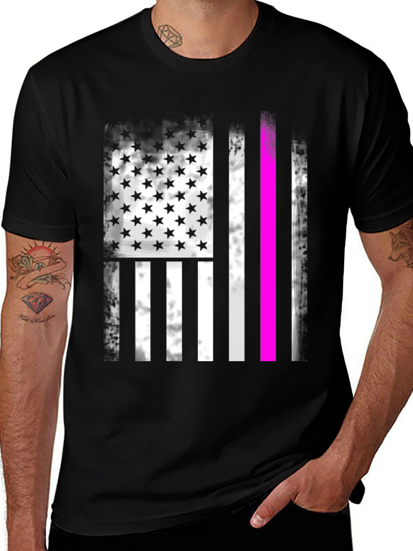 Distressed American Flag T-Shirt with Pink Line