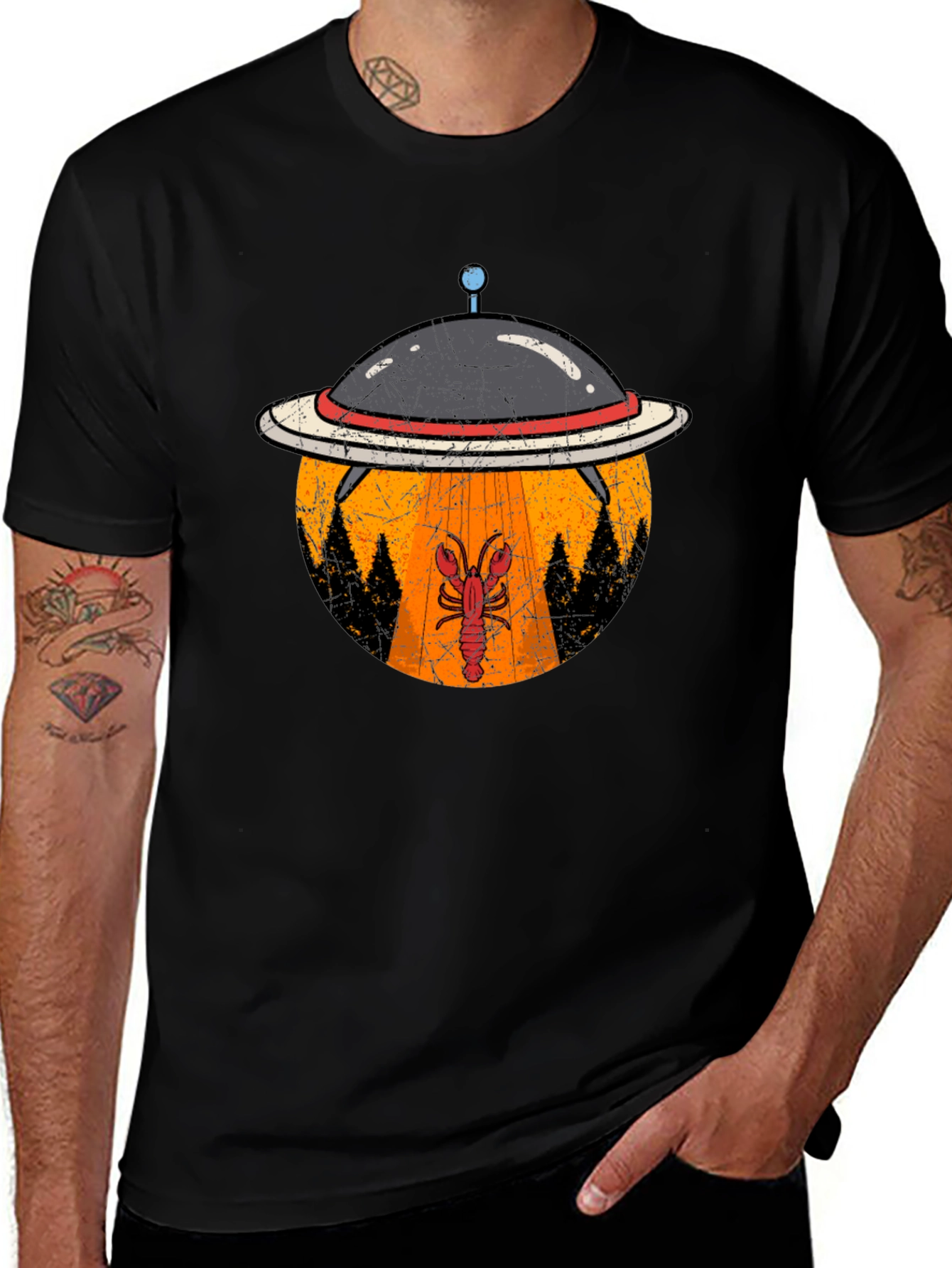 Variant 2 of Lobster Abduction T-Shirt: UFO Beam Design