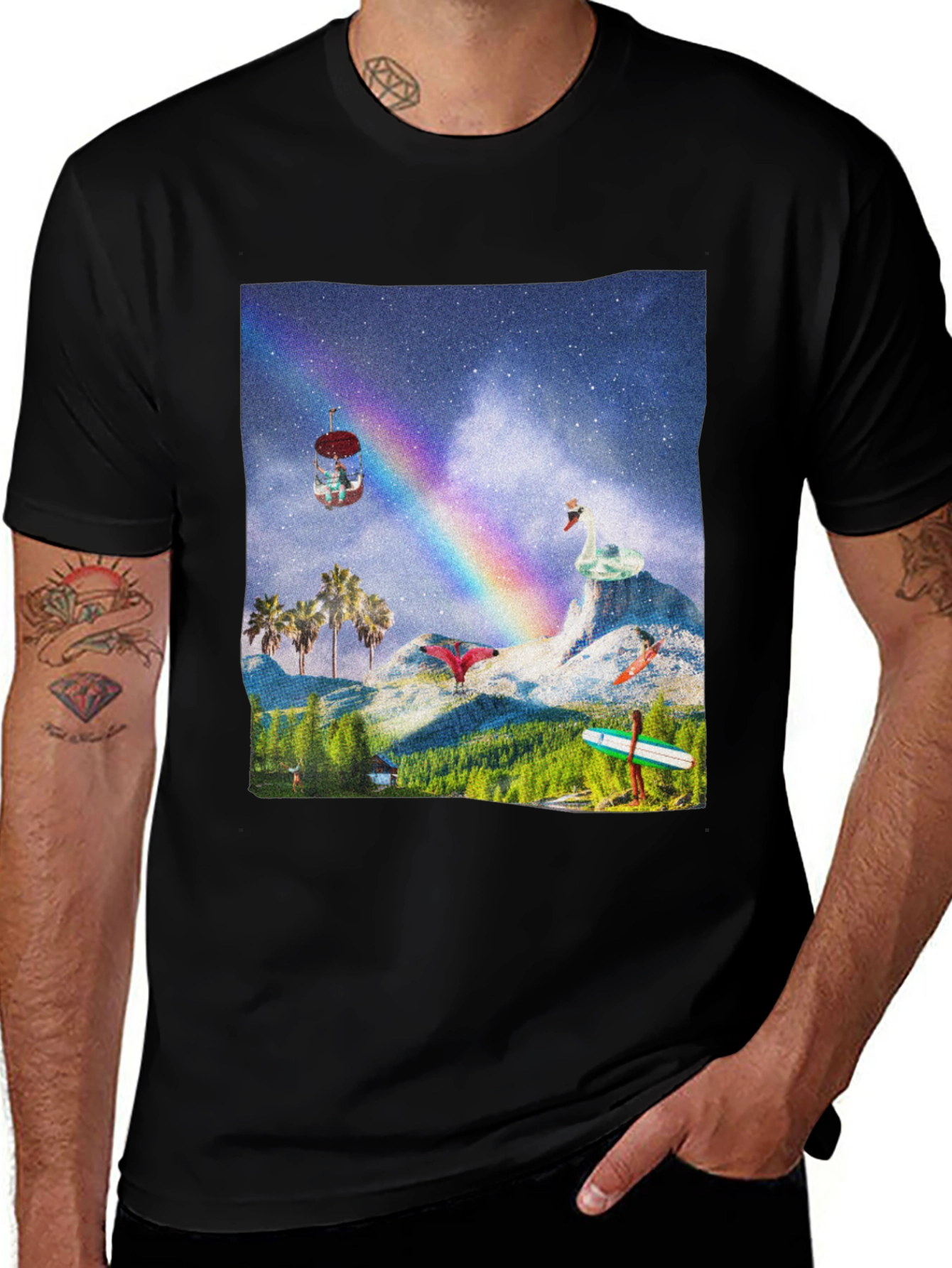 Variant 5 of Rainbow Landscape Graphic Tee - Black Cotton T-Shirt