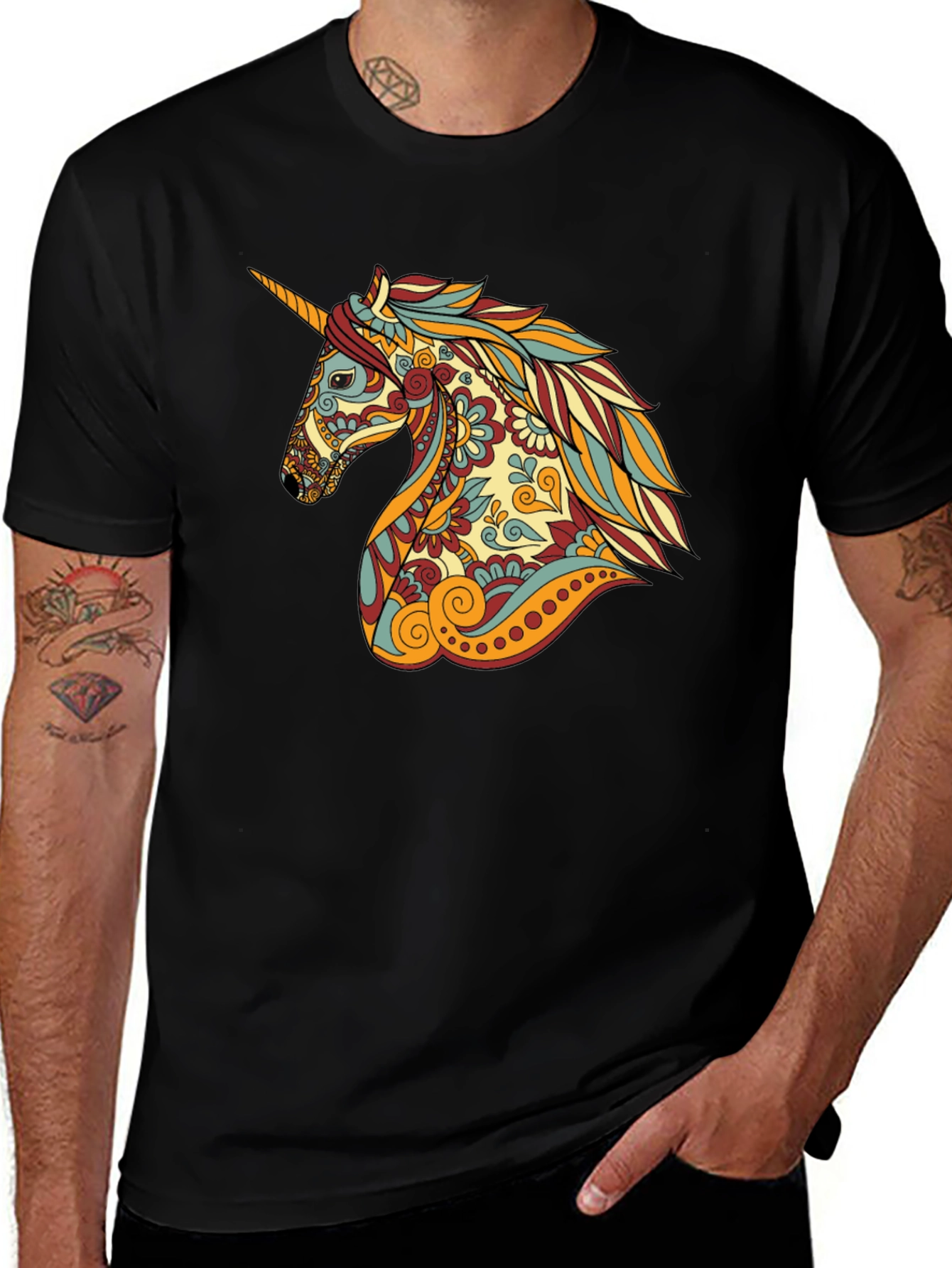 Variant 21 of Unicorn Graphic Print Crew Neck Tee - Black