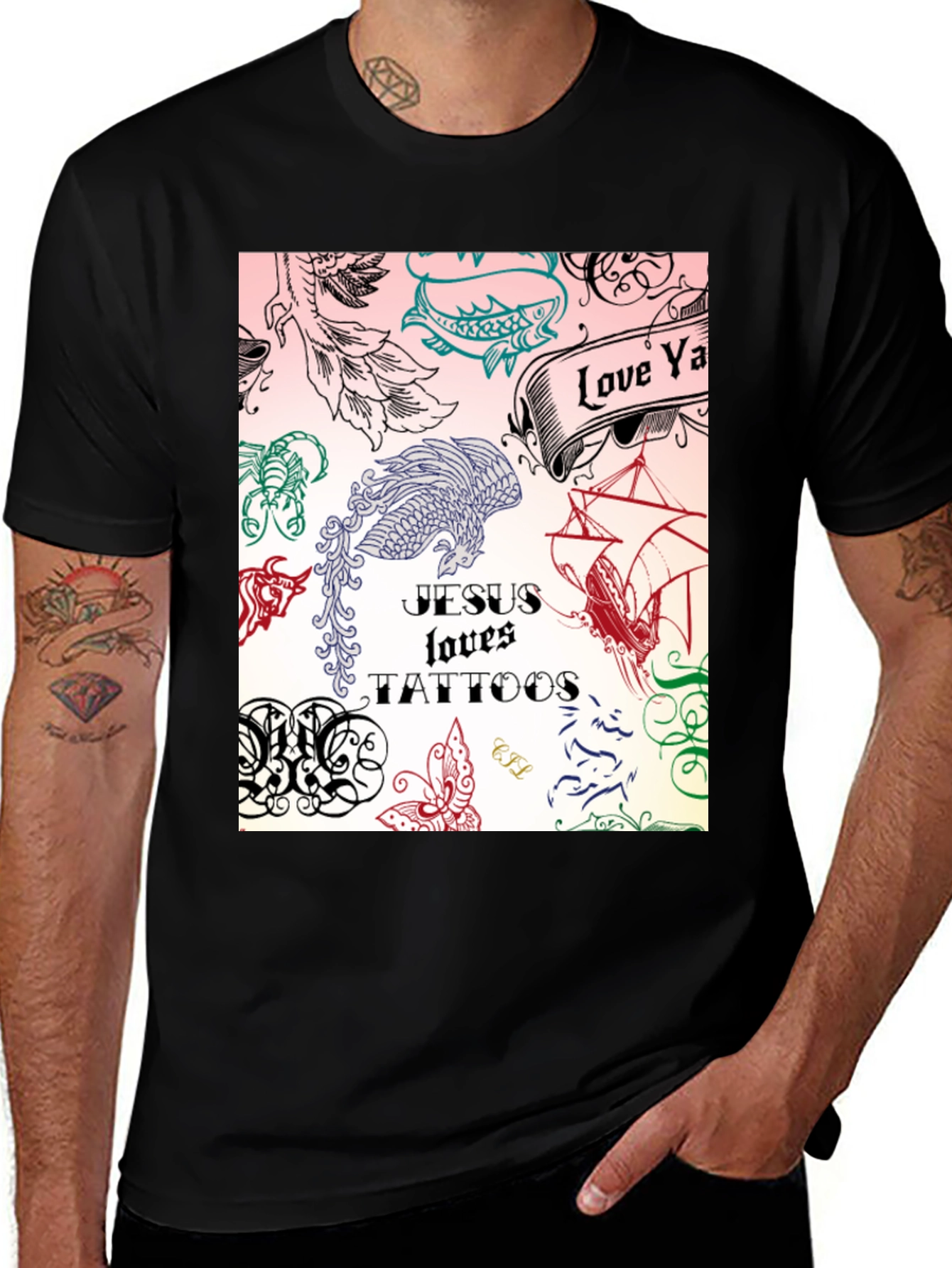 Variant 14 of Jesus Loves Tattoos Graphic Tee - Black Cotton Shirt