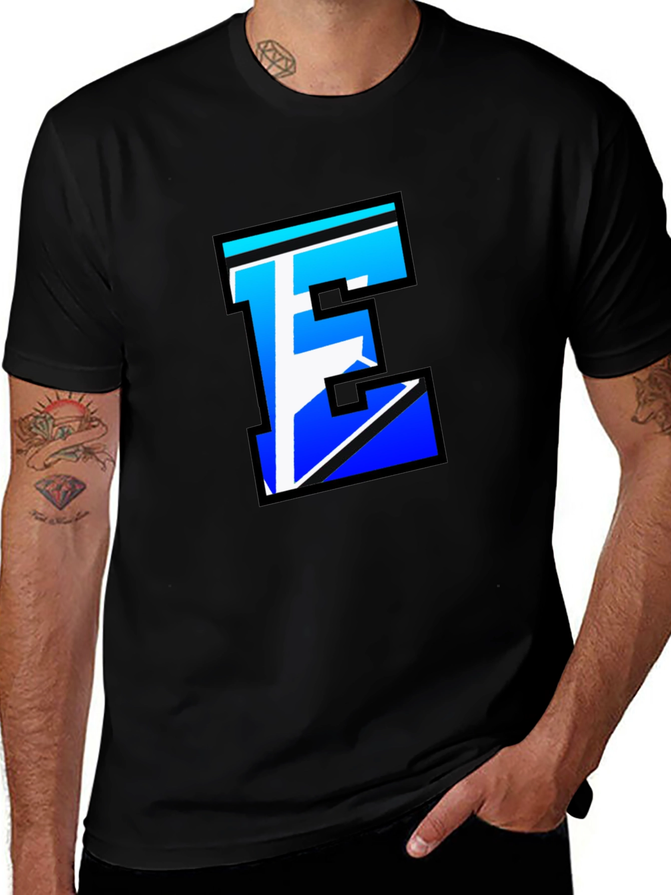 Variant 12 of Stylish Letter E Graphic Tee - Black Cotton Blend
