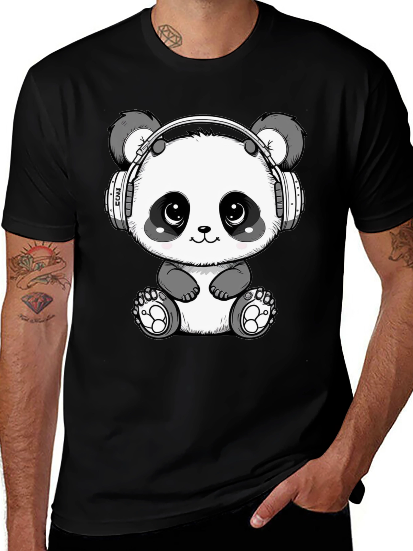 Variant 24 of Cute Panda DJ T-Shirt - Black Cotton Tee