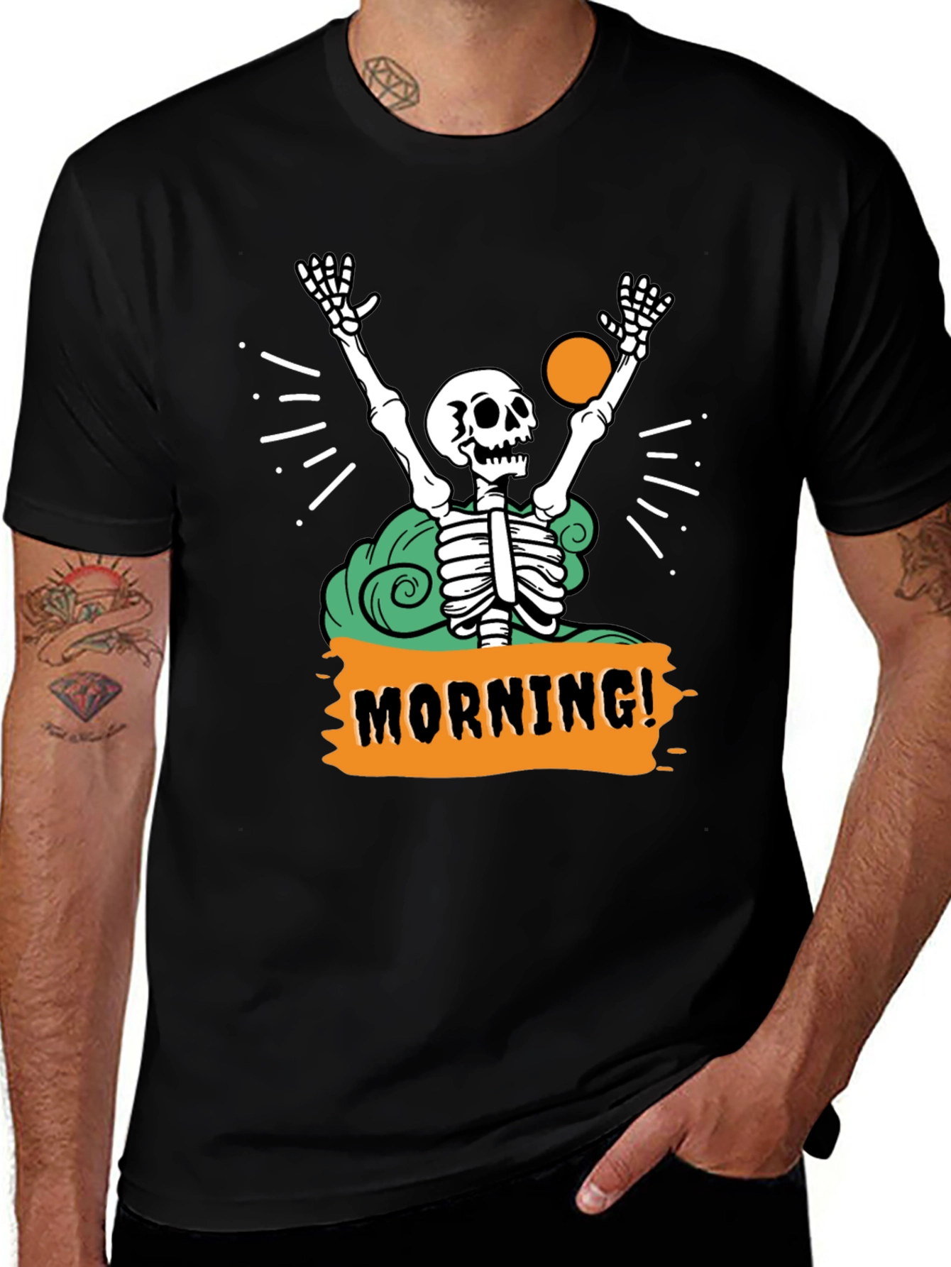Variant 7 of Skeleton 'Morning!' Graphic Tee - Black
