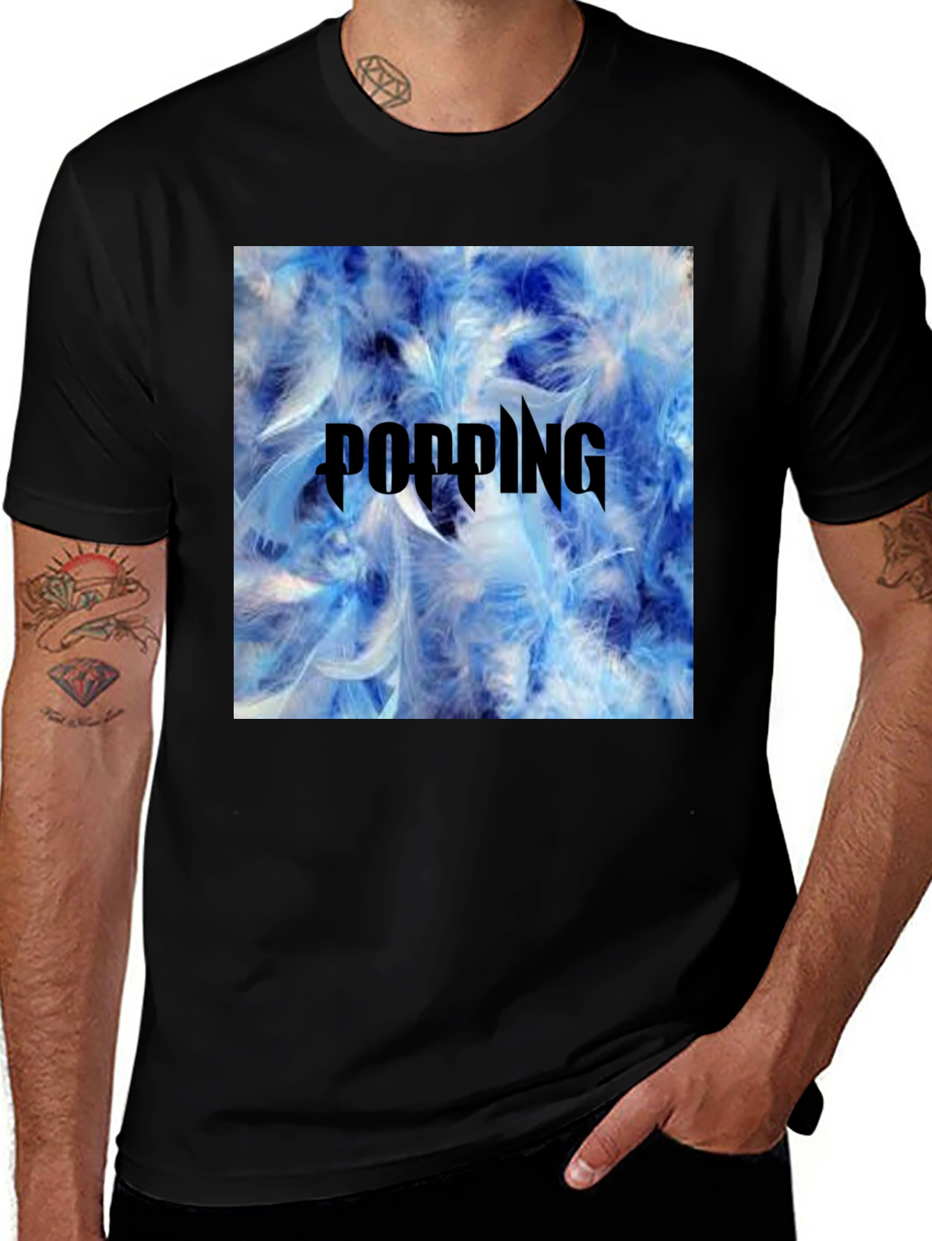 Variant 30 of Popping Blue Feather Graphic T-Shirt - Men's Black Tee