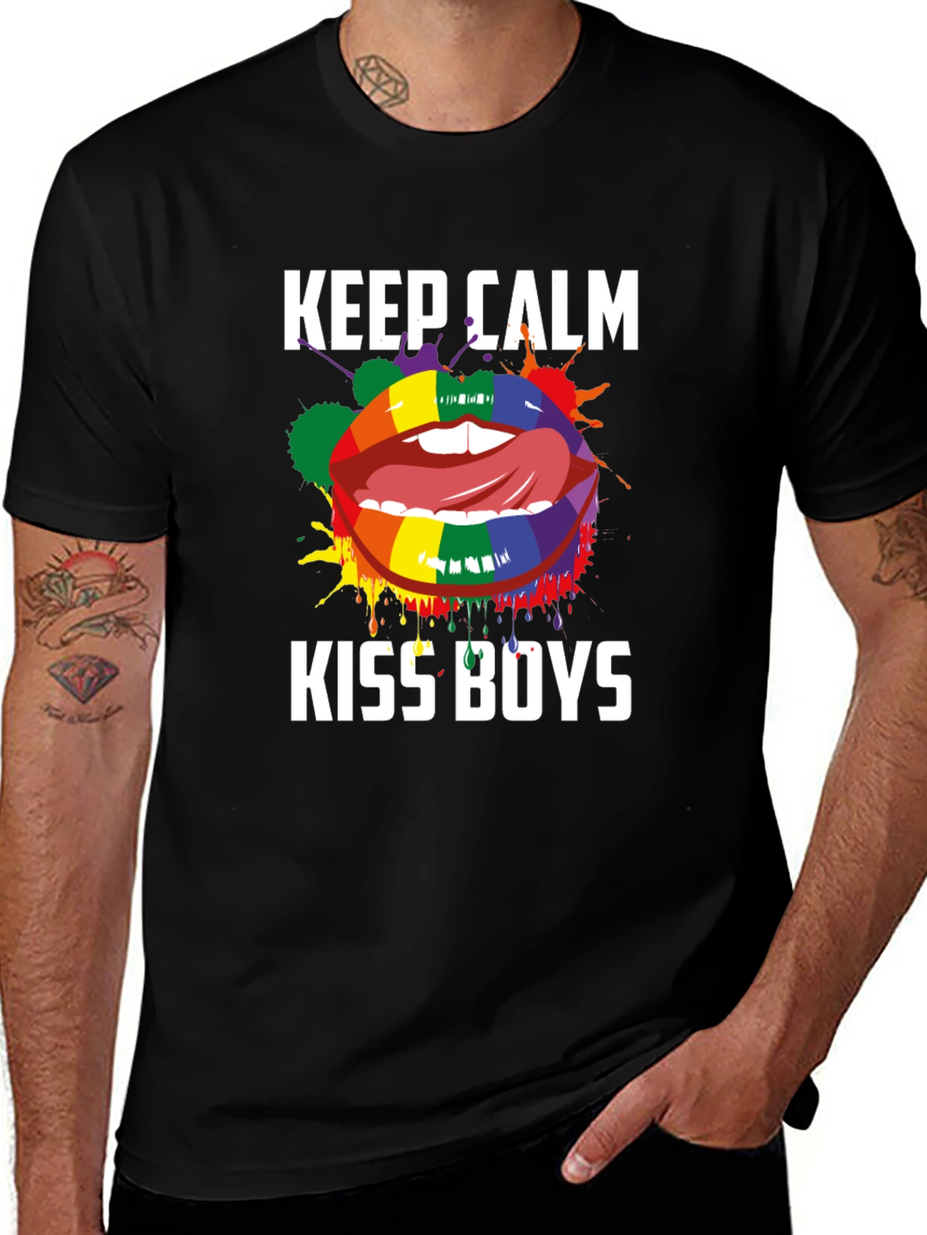 Keep Calm Kiss Boys T-Shirt - Pride Rainbow Lips Graphic Tee