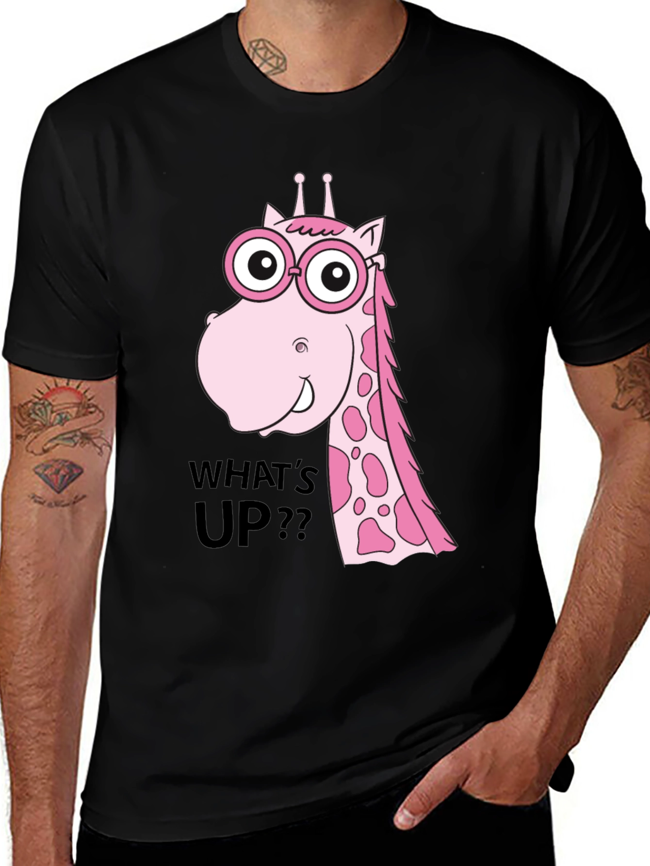 Variant 21 of Funny Giraffe T-Shirt - What's Up? Black Tee