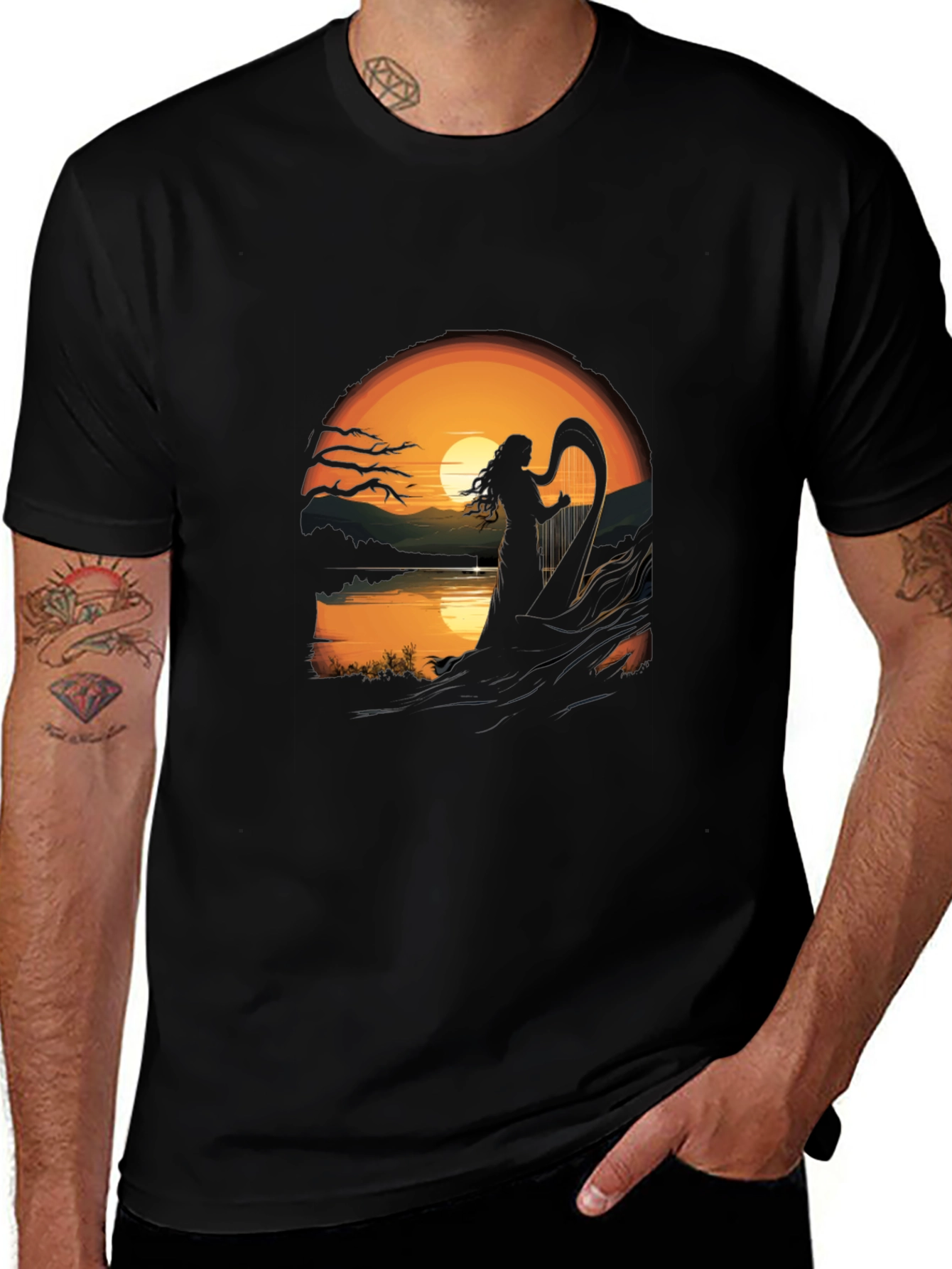 Black Sunset Harpist T-Shirt main image