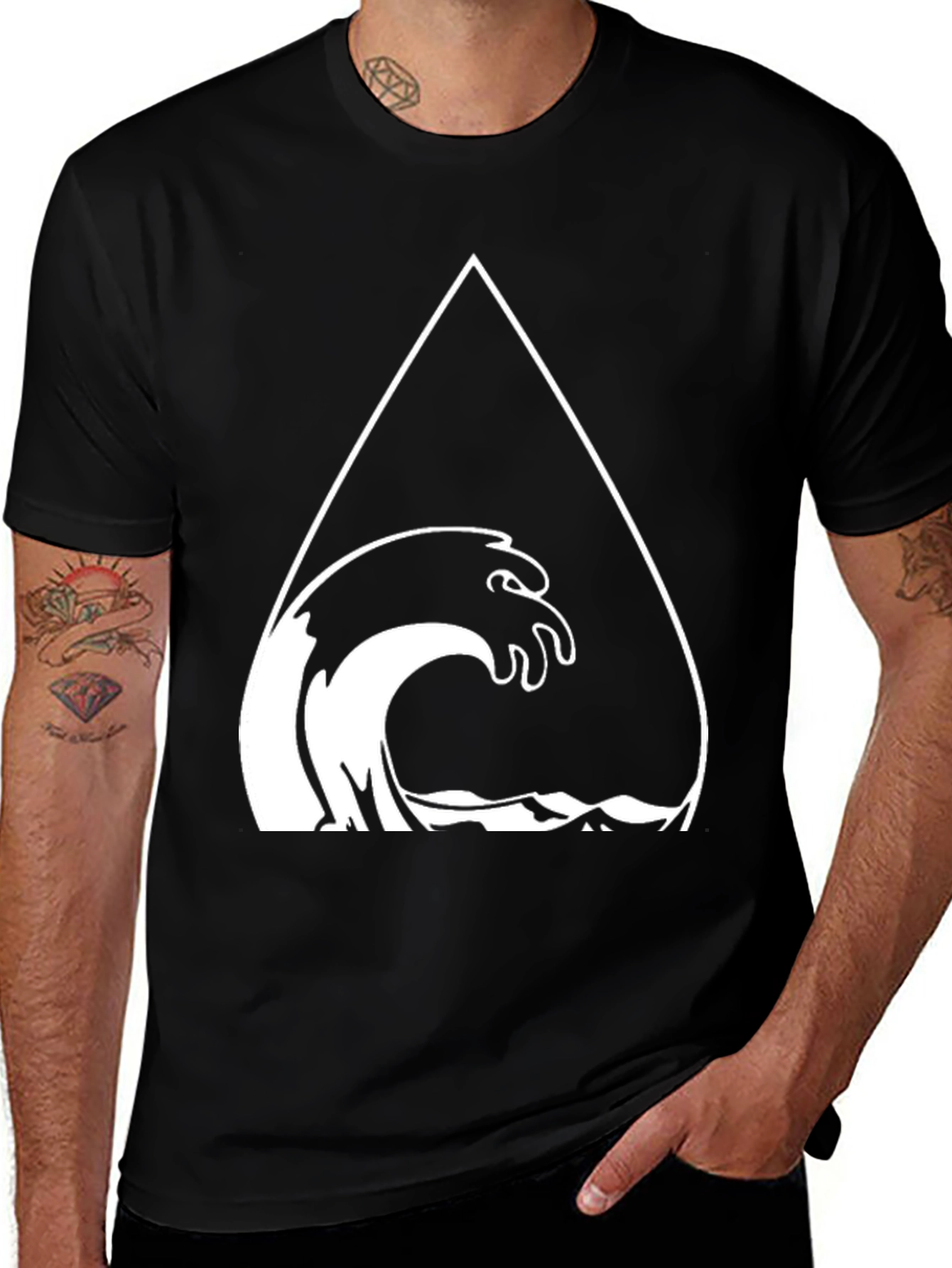 Variant 26 of Men's Black Graphic Tee - Wave Triangle Design