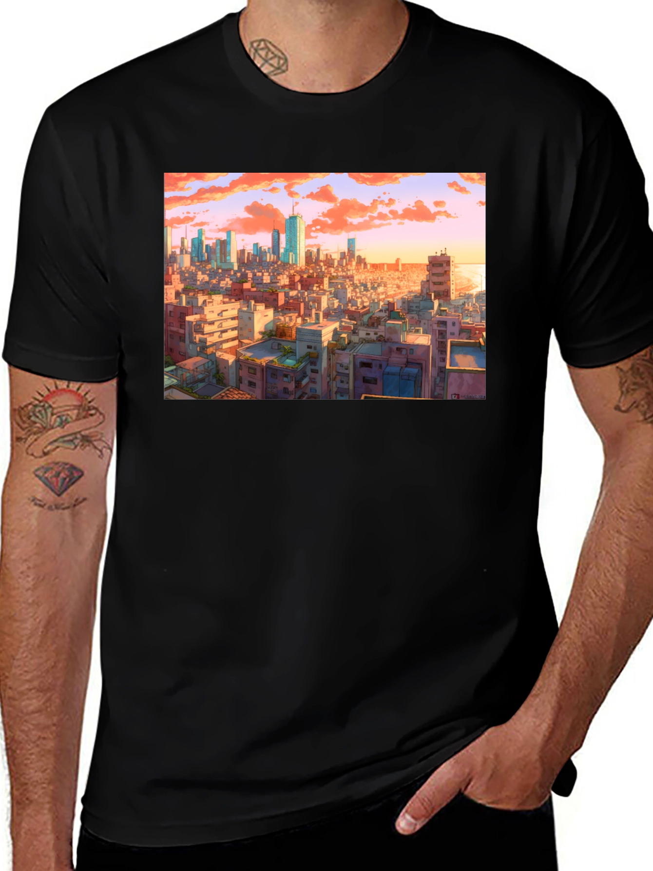 Variant 23 of Anime Cityscape Graphic Tee - Sunset Urban Scene