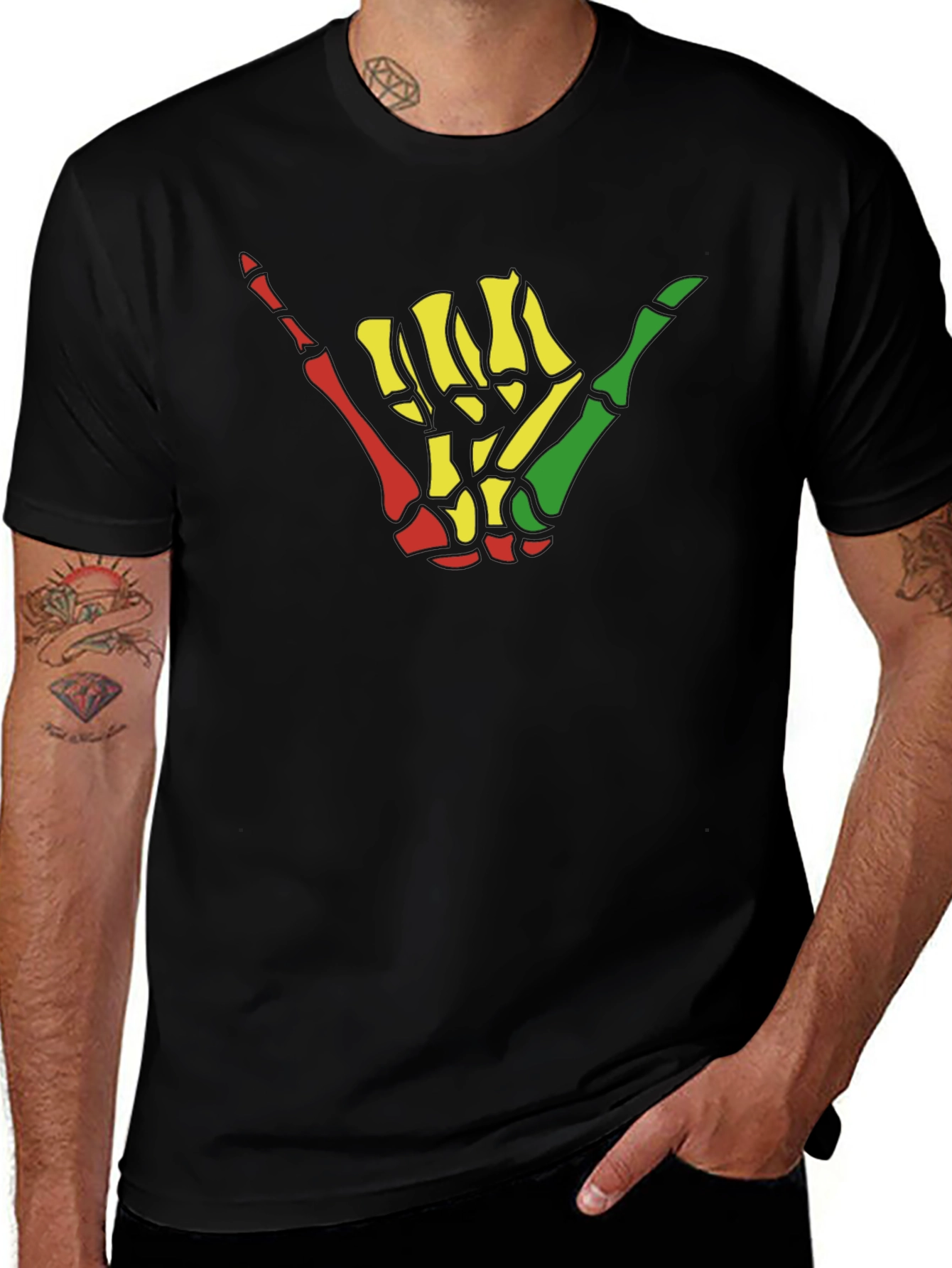 Variant 23 of Rasta Shaka Skeleton Hand Graphic Tee - Black