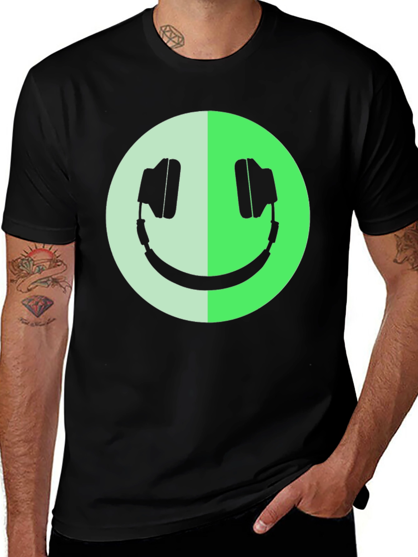 Headphone Smiley Face Graphic Black T-Shirt