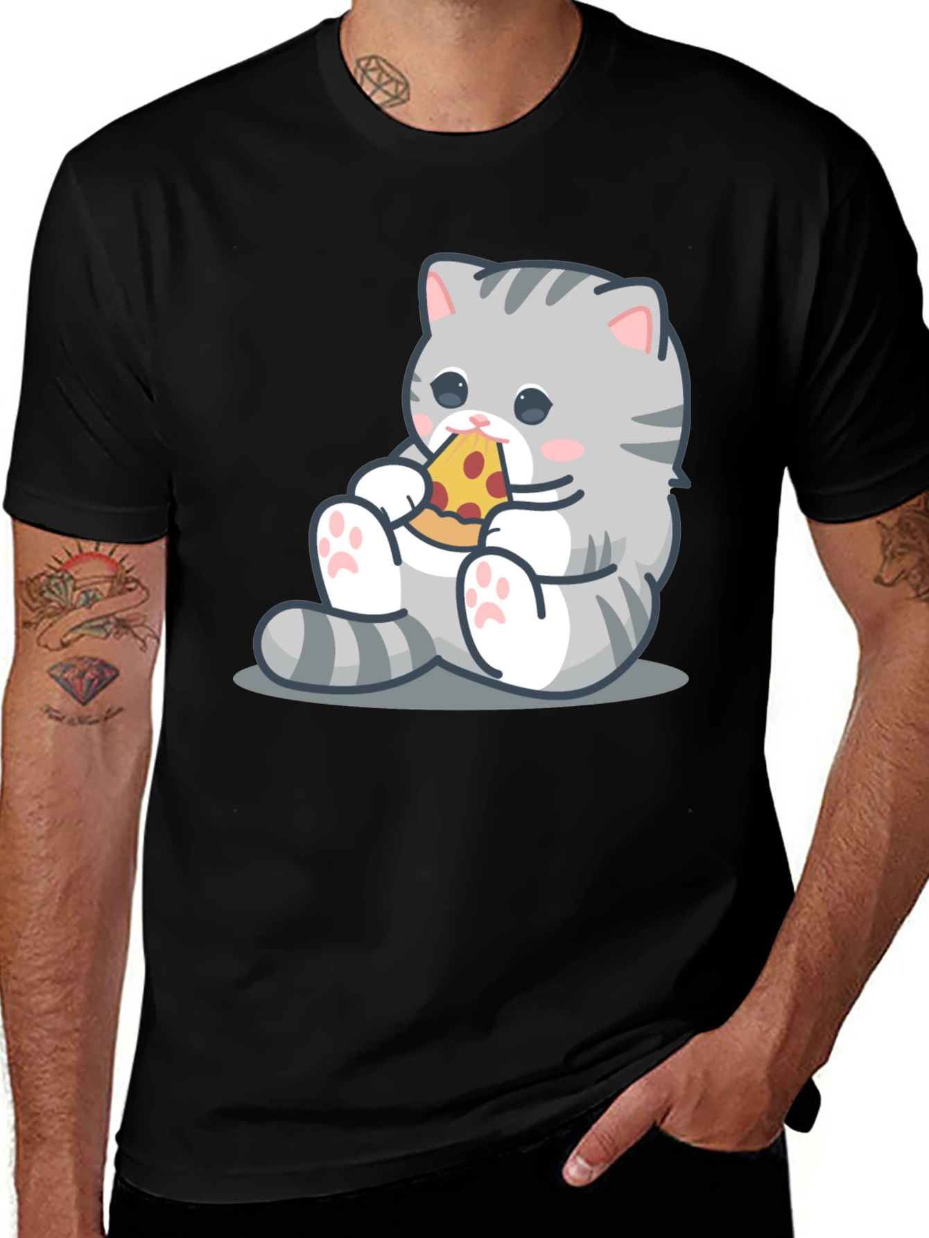Variant 14 of Cute Cat Eating Pizza Graphic Tee - Black