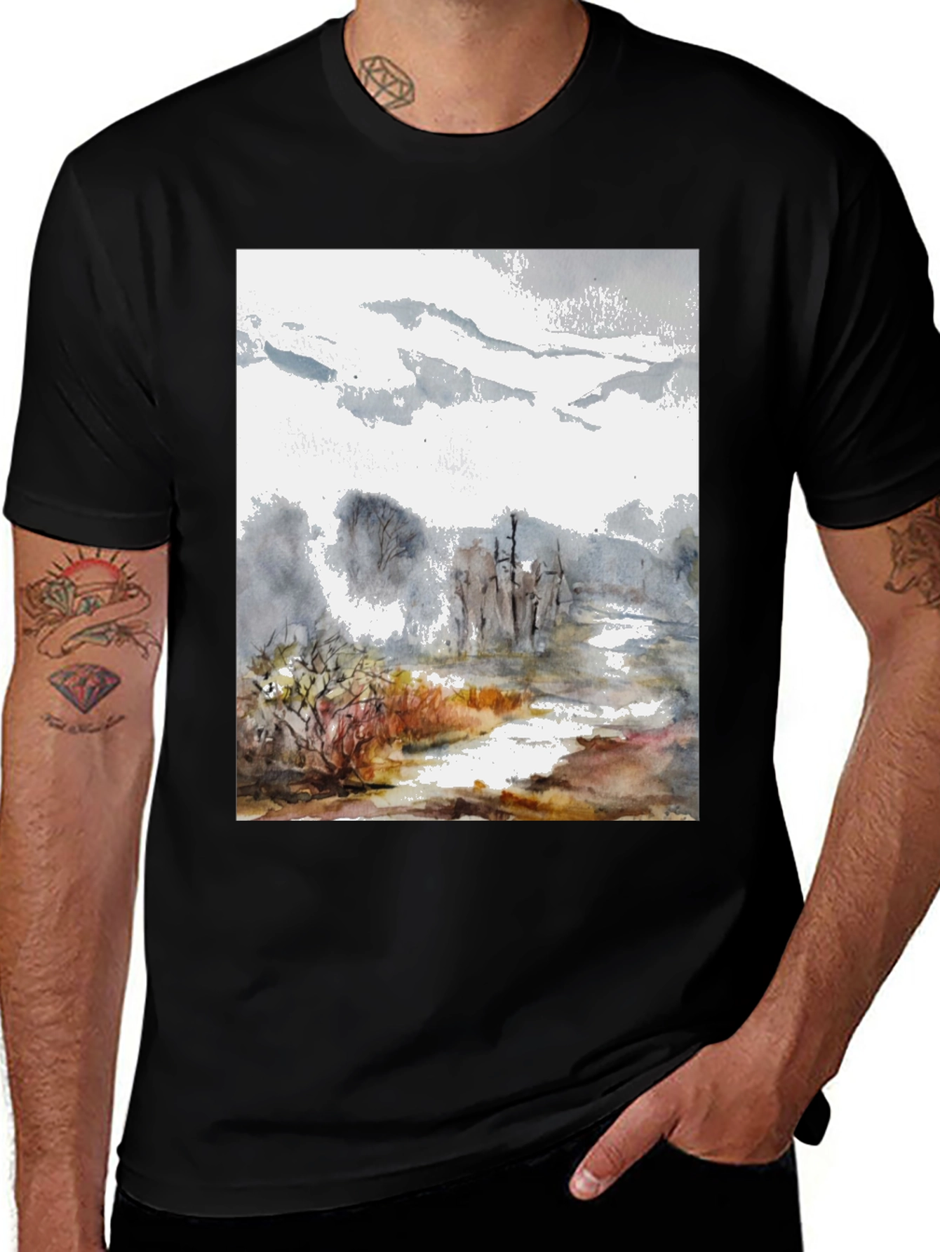 Variant 10 of Abstract Landscape Print Tee - Black
