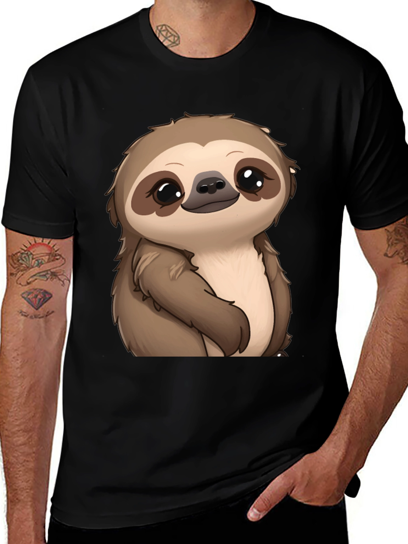 Variant 19 of Cute Sloth Graphic Print Black T-Shirt