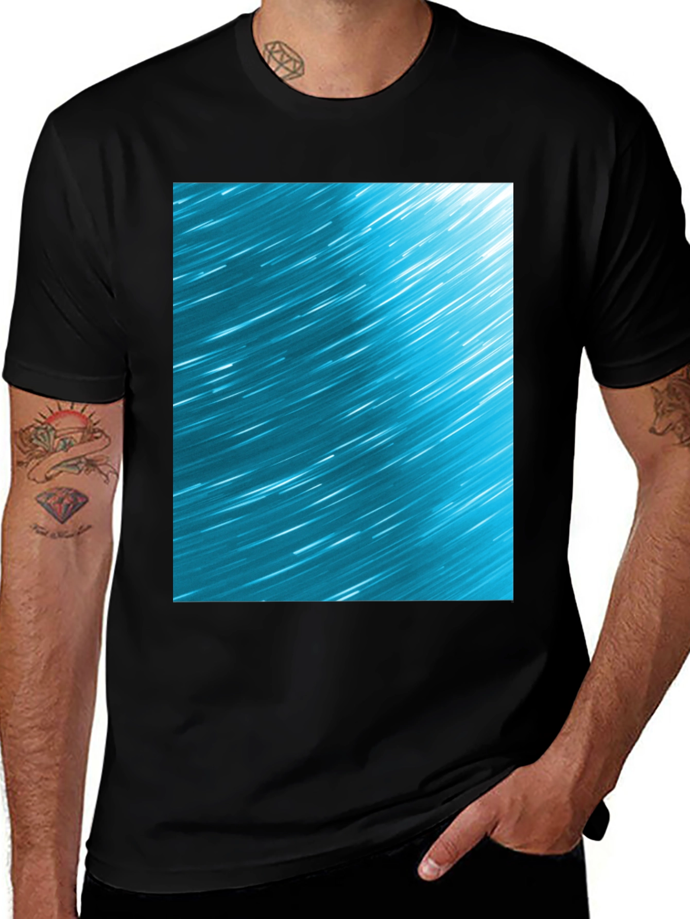 Abstract Aqua Star Trail Graphic Black T-Shirt
