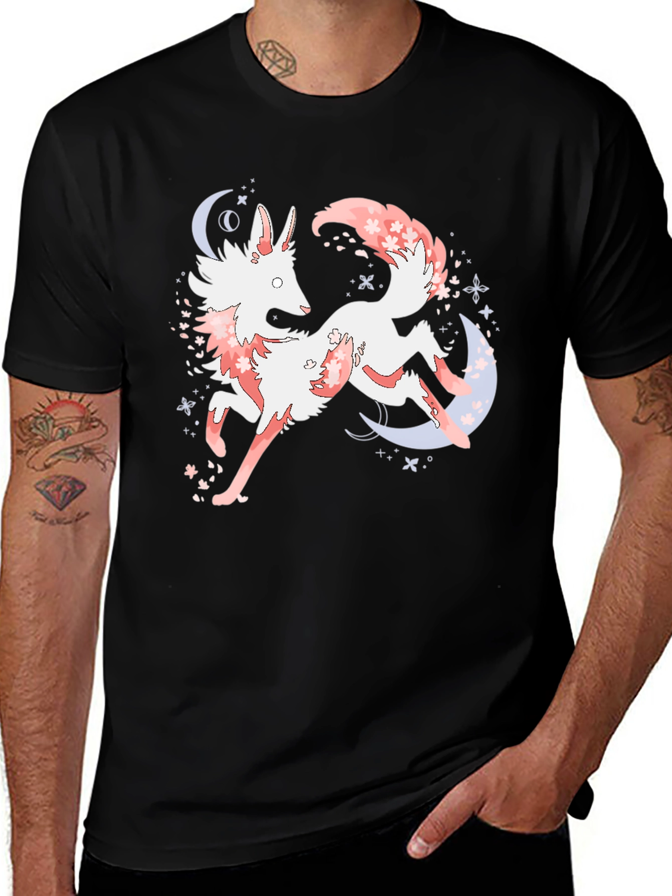 Variant 4 of Anime Fox and Cherry Blossom Black Tee