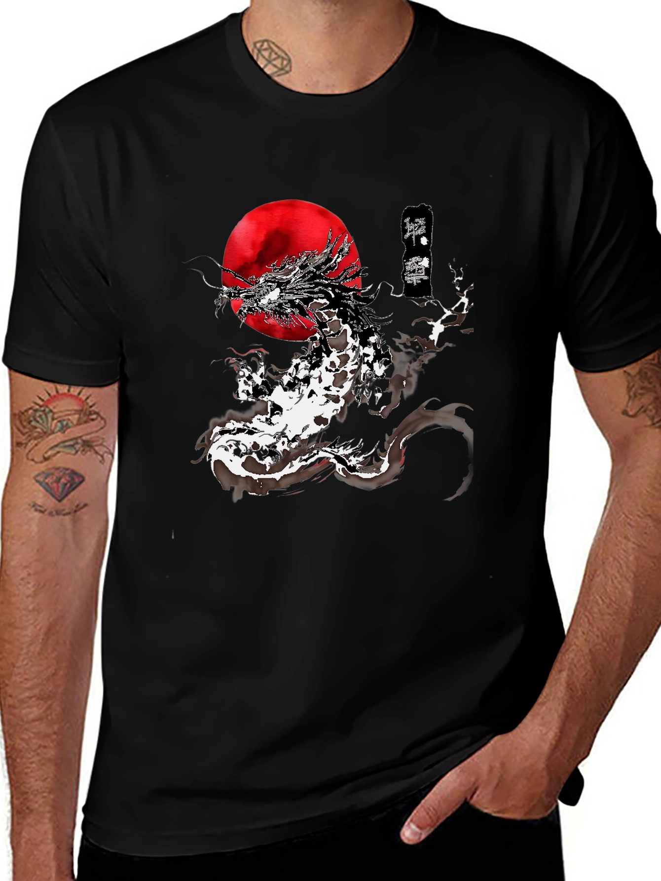 Variant 14 of Dragon & Rising Sun Graphic Tee - Black