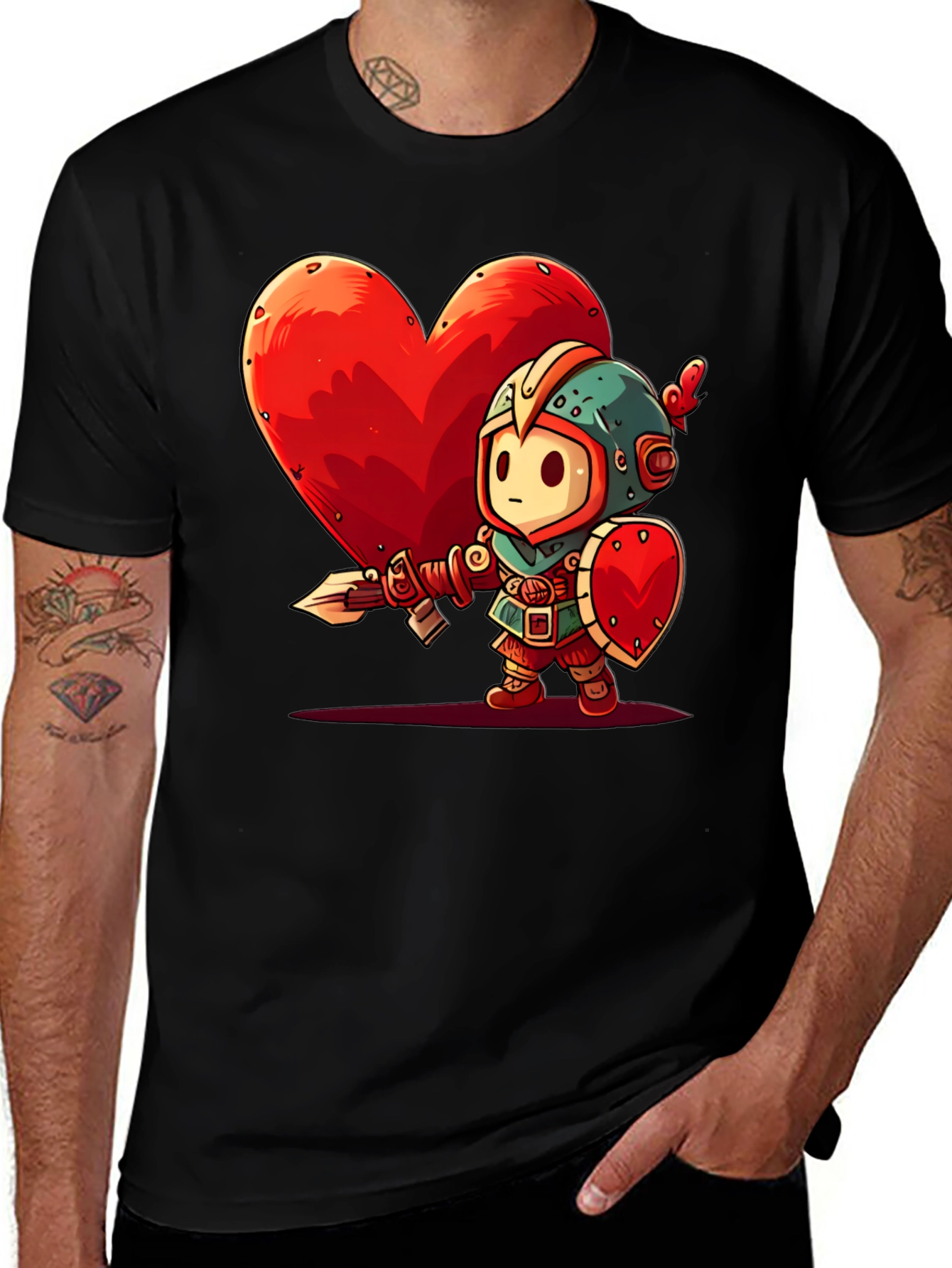 Variant 8 of Cartoon Knight Heart Graphic T-Shirt - Black