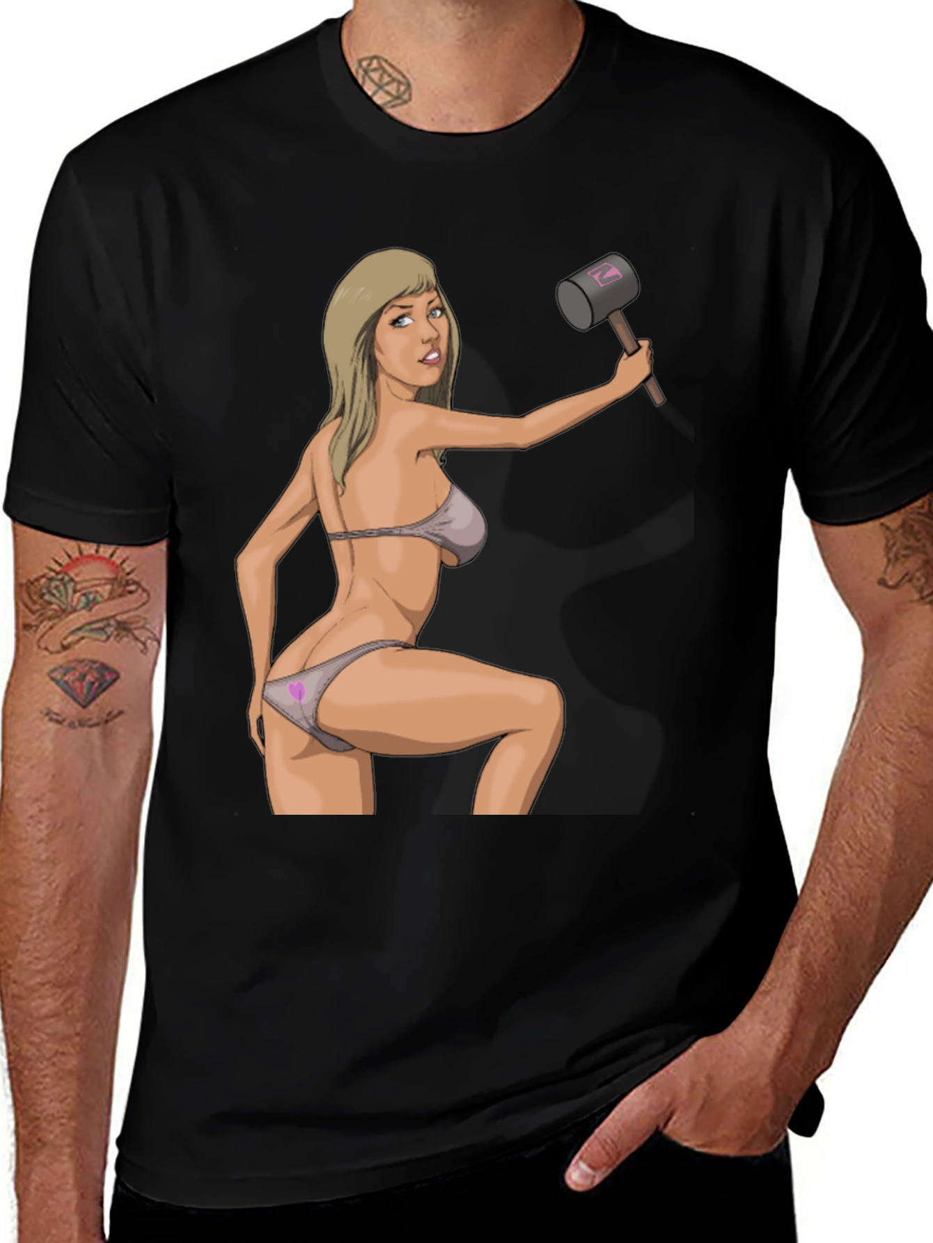 Black Humorous Graphic Tee - Sexy Woman with Hammer main image