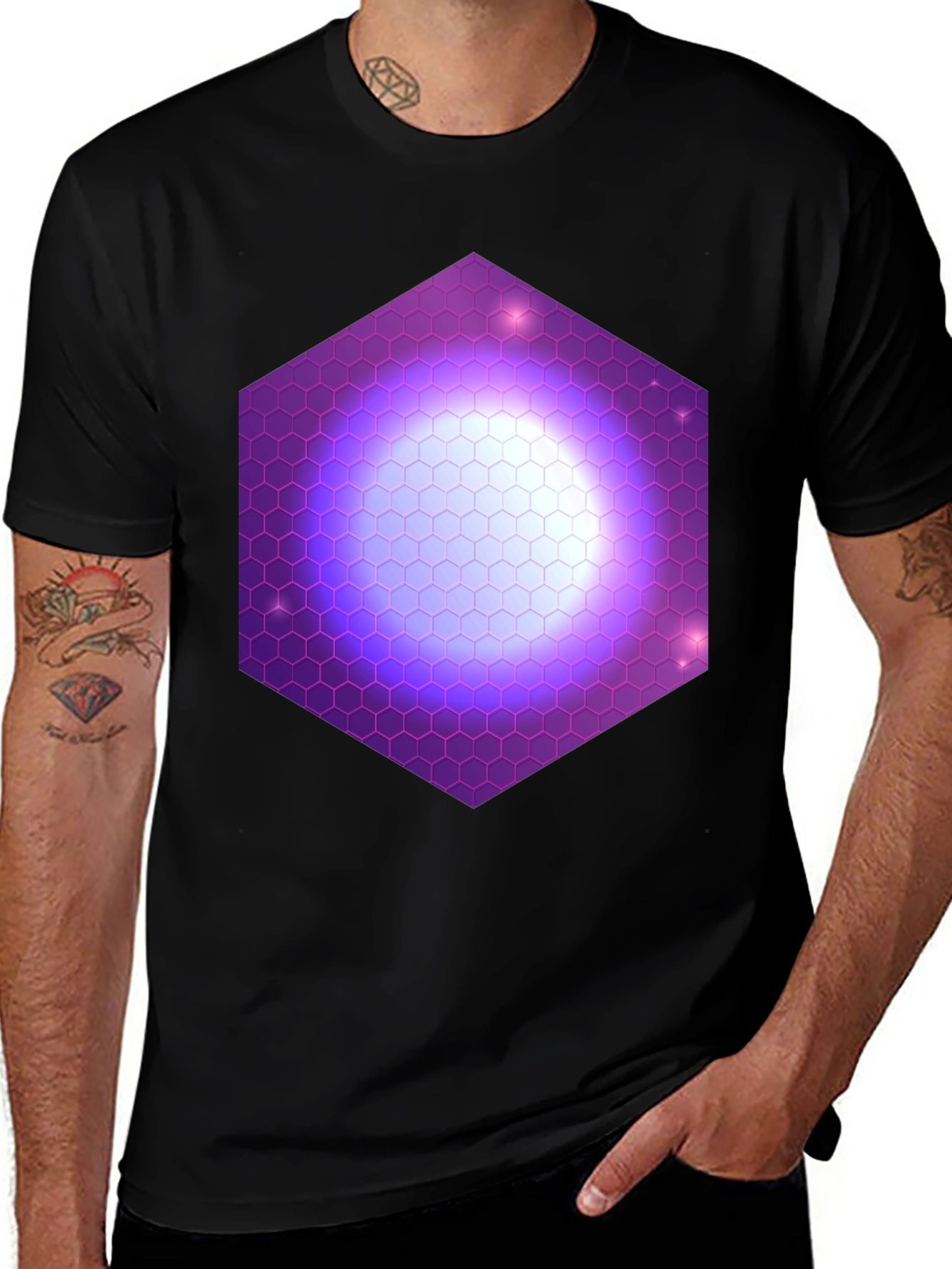 Variant 17 of Hexagon Nebula Graphic Tee - Black Cotton T-Shirt