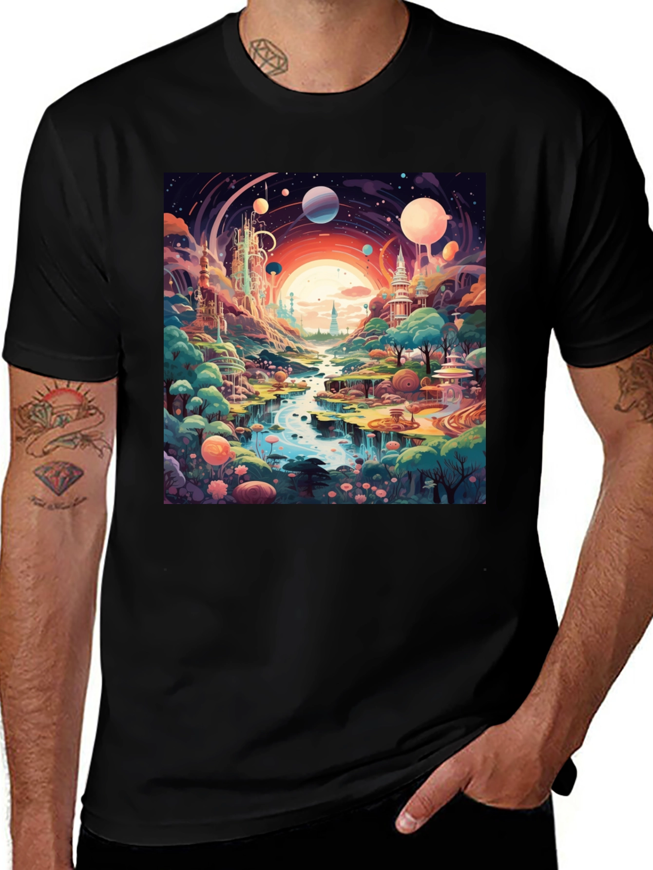 Variant 9 of Fantasy Planetscape Graphic Tee - Black