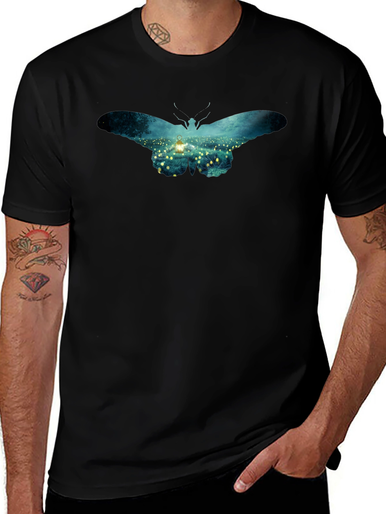Variant 12 of Butterfly Lantern Print Black T-Shirt