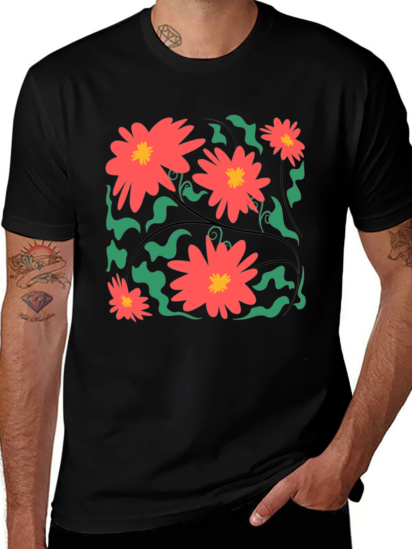 Variant 12 of Floral Print Black T-Shirt