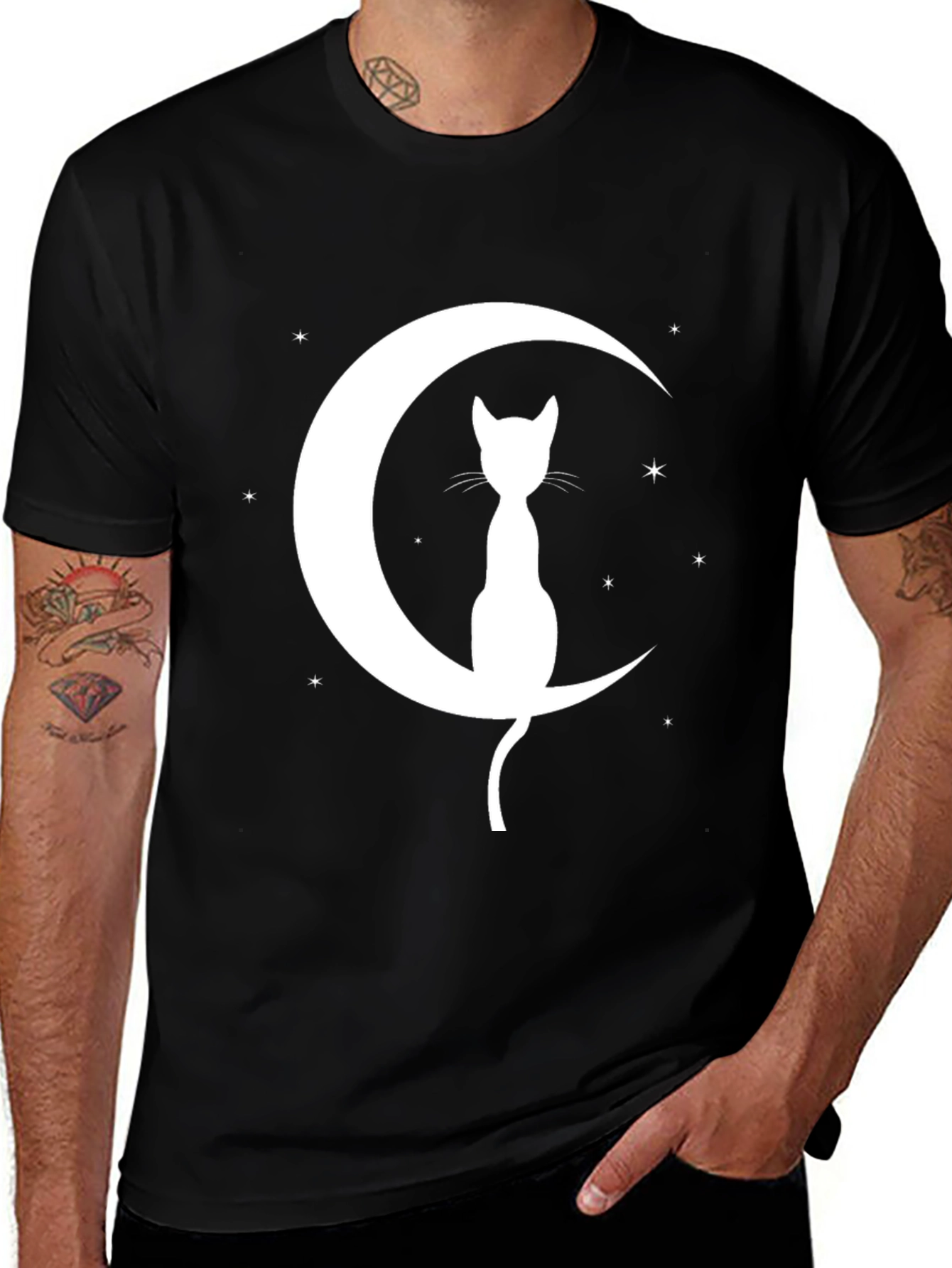 Variant 10 of Cat on Moon Graphic Tee - Black Cotton Blend