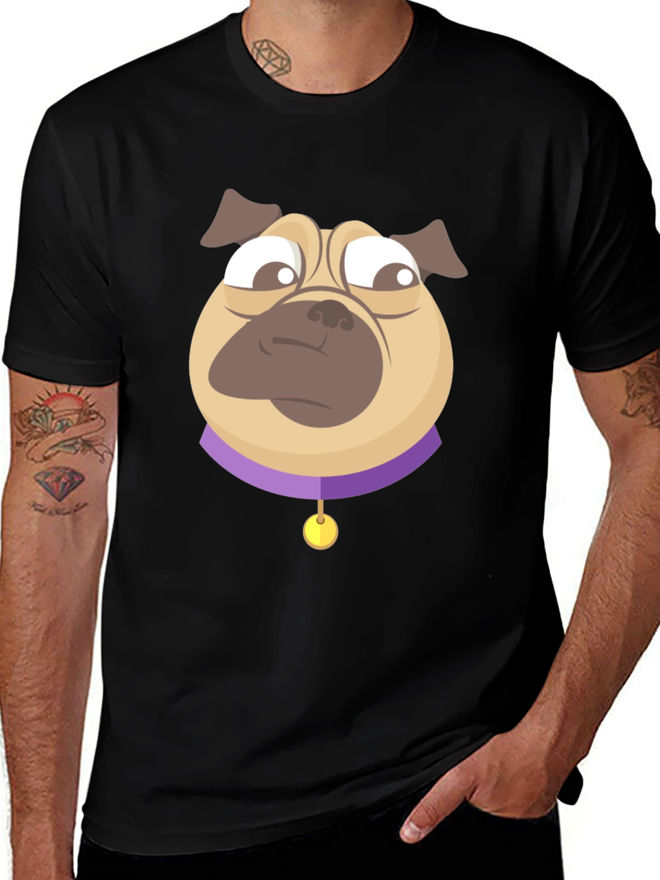 Pug Cartoon Graphic T-Shirt - Black Cotton Blend