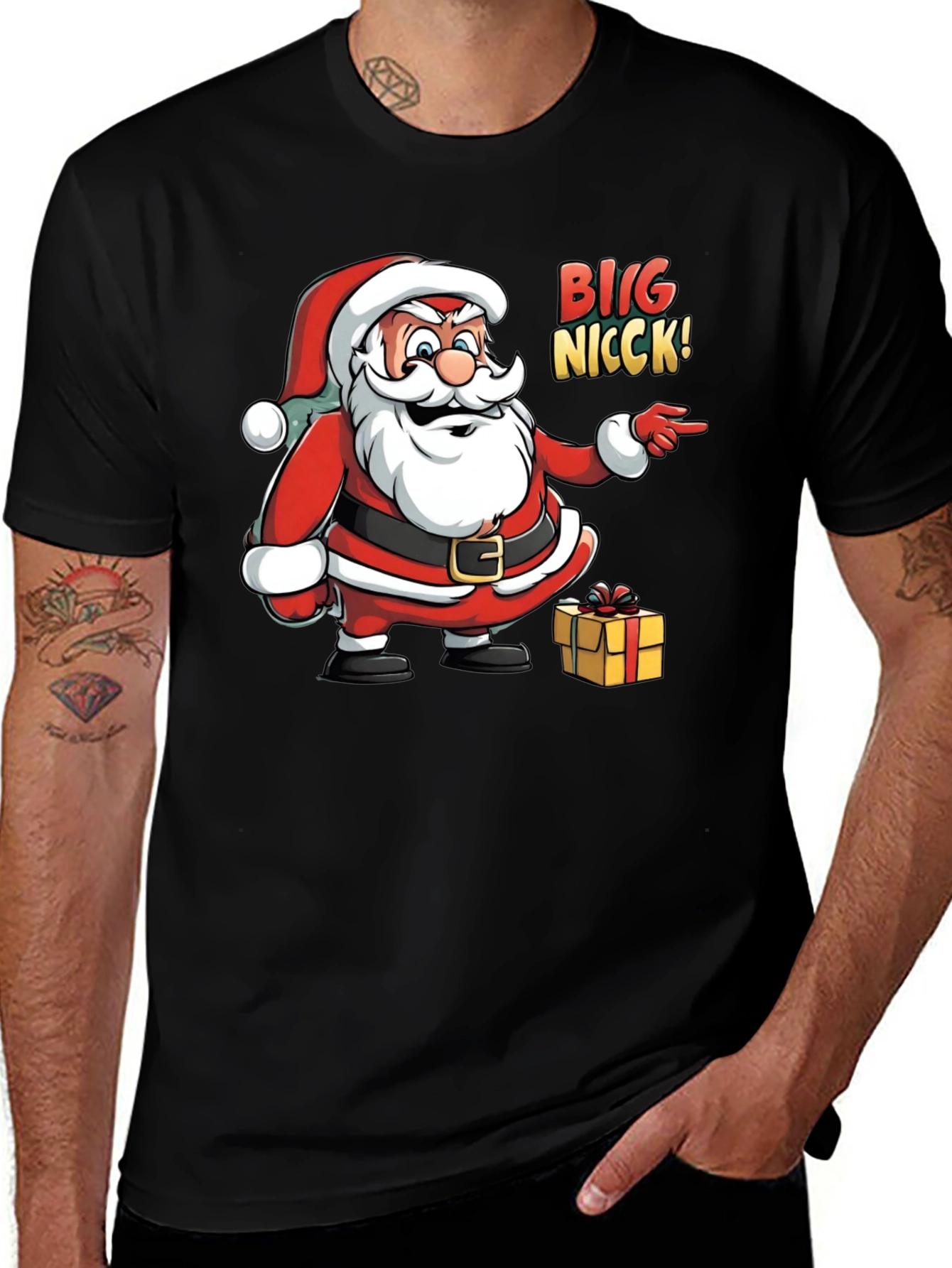 Variant 9 of Big Nicck Santa Claus Christmas Black T-Shirt