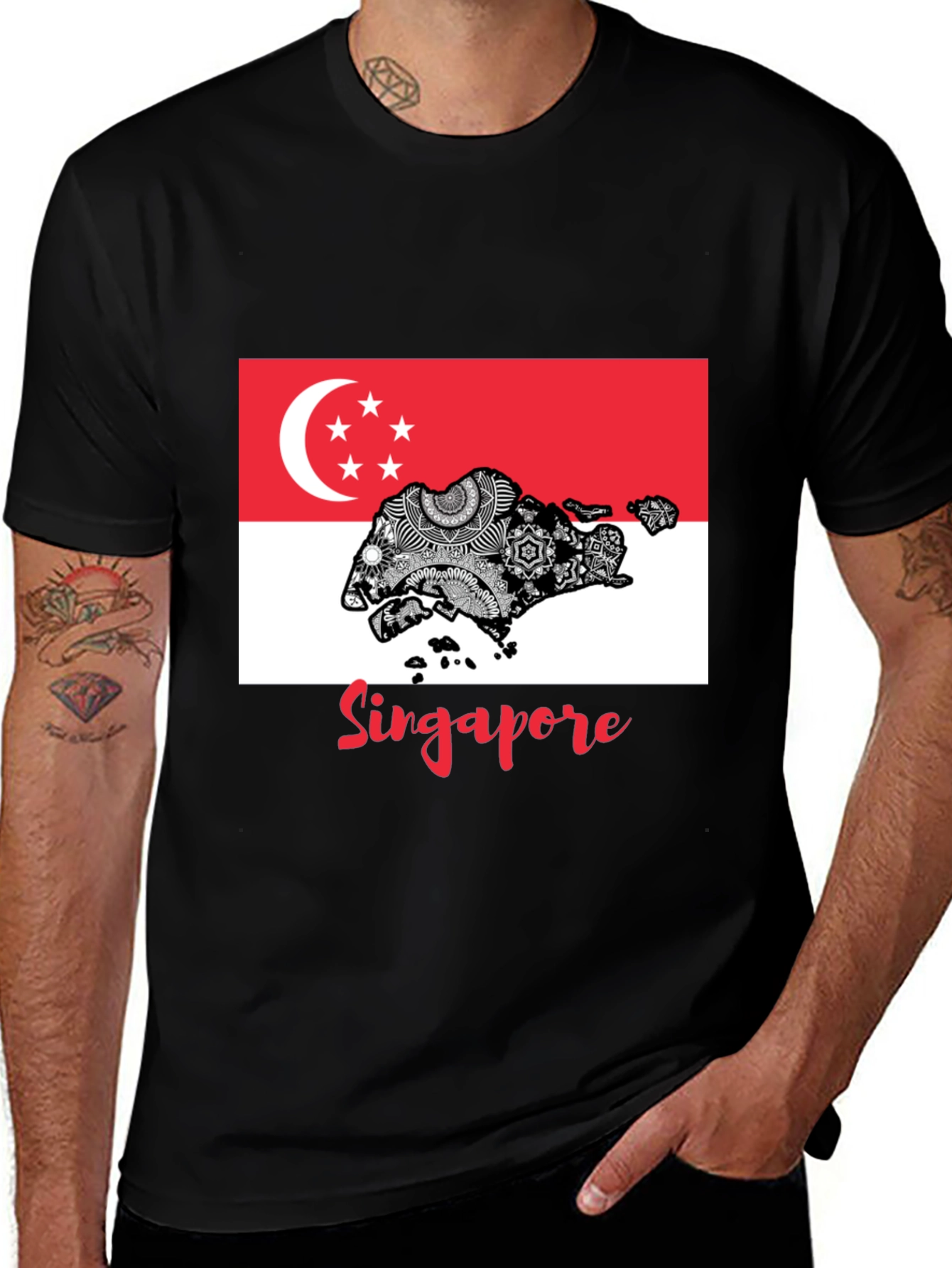 Singapore Flag Map T-Shirt - Black Cotton Tee