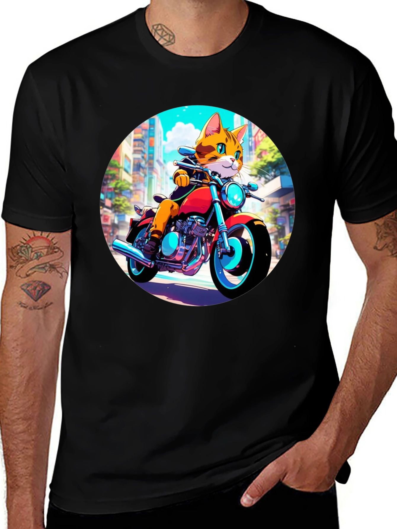 Black Cool Cat Motorcycle Rider Graphic T-Shirt main image