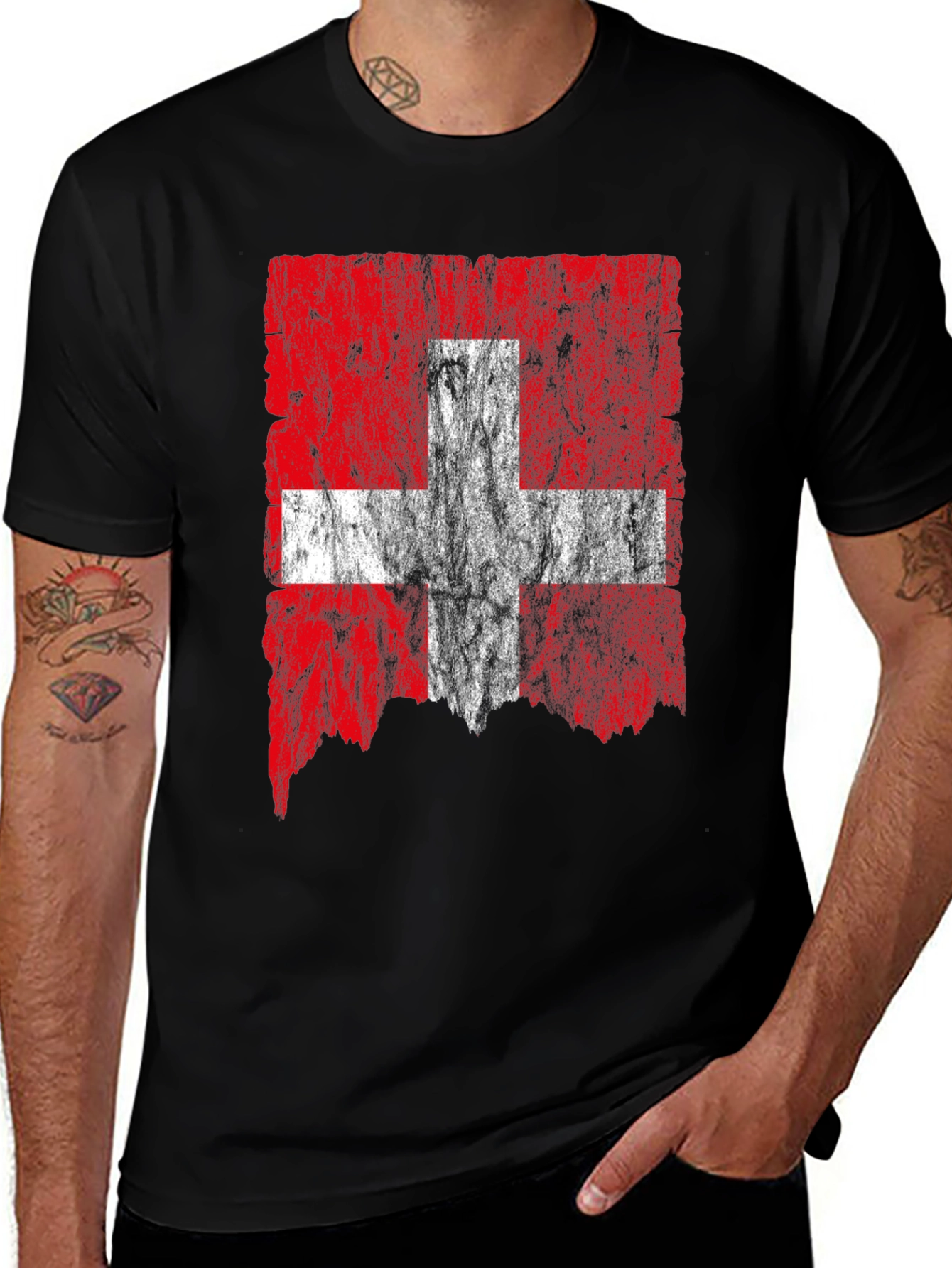 Variant 22 of Swiss Flag Distressed T-Shirt - Black