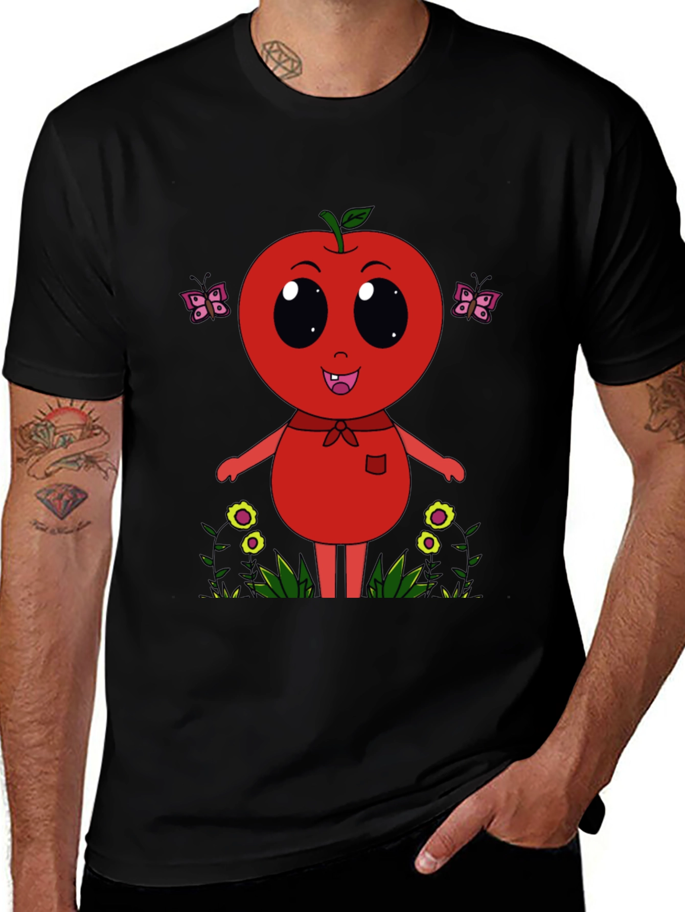 Variant 30 of Cartoon Apple Character Black T-Shirt