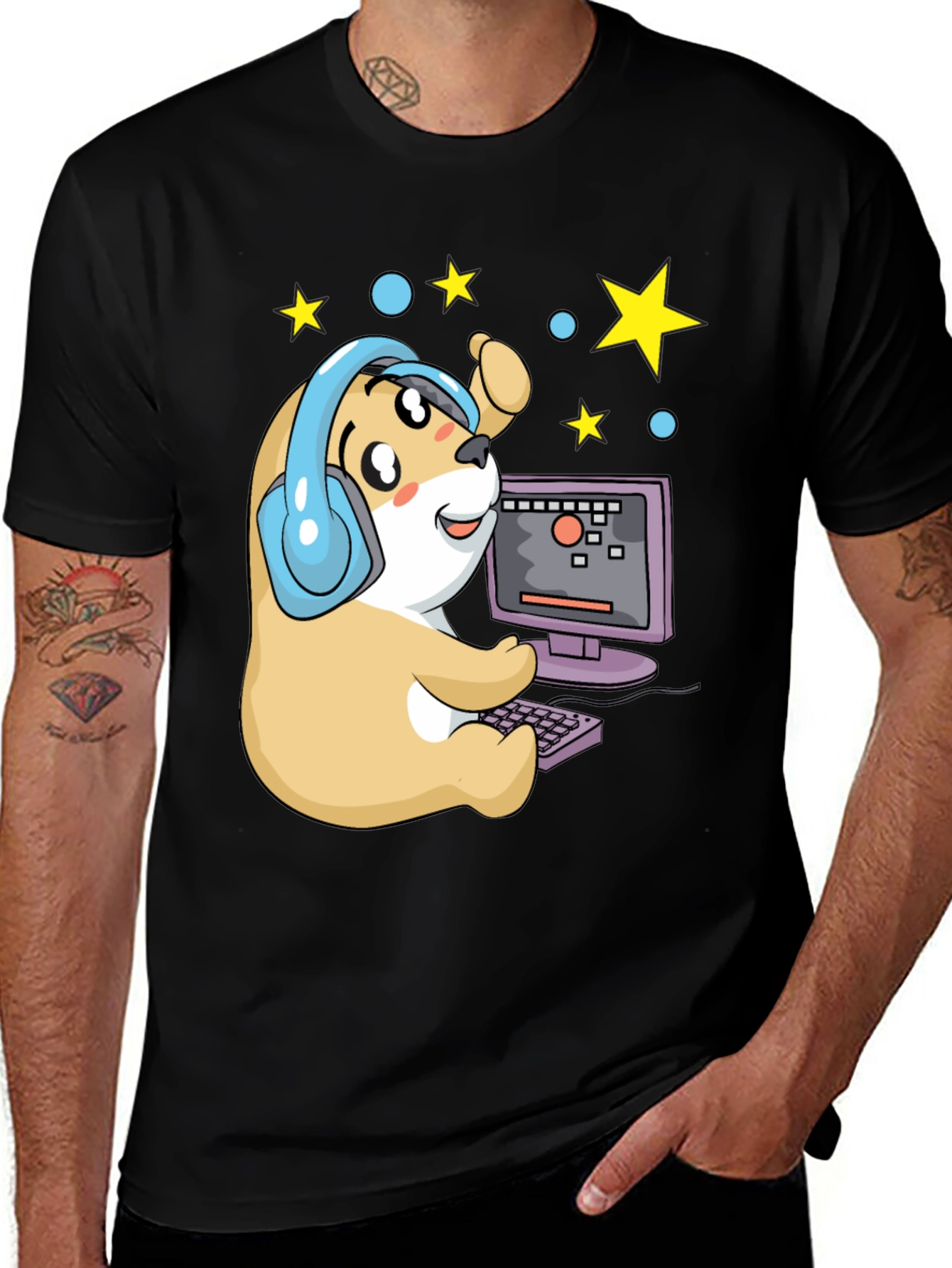 Black Gamer Hamster T-Shirt - Cute Cartoon Graphic Tee main image