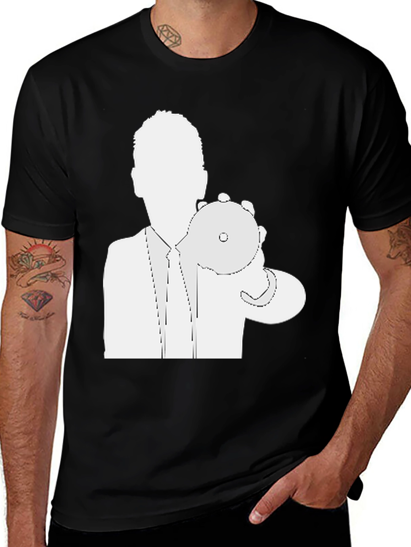 Variant 13 of Man's Black T-Shirt - Silhouette Holding CD