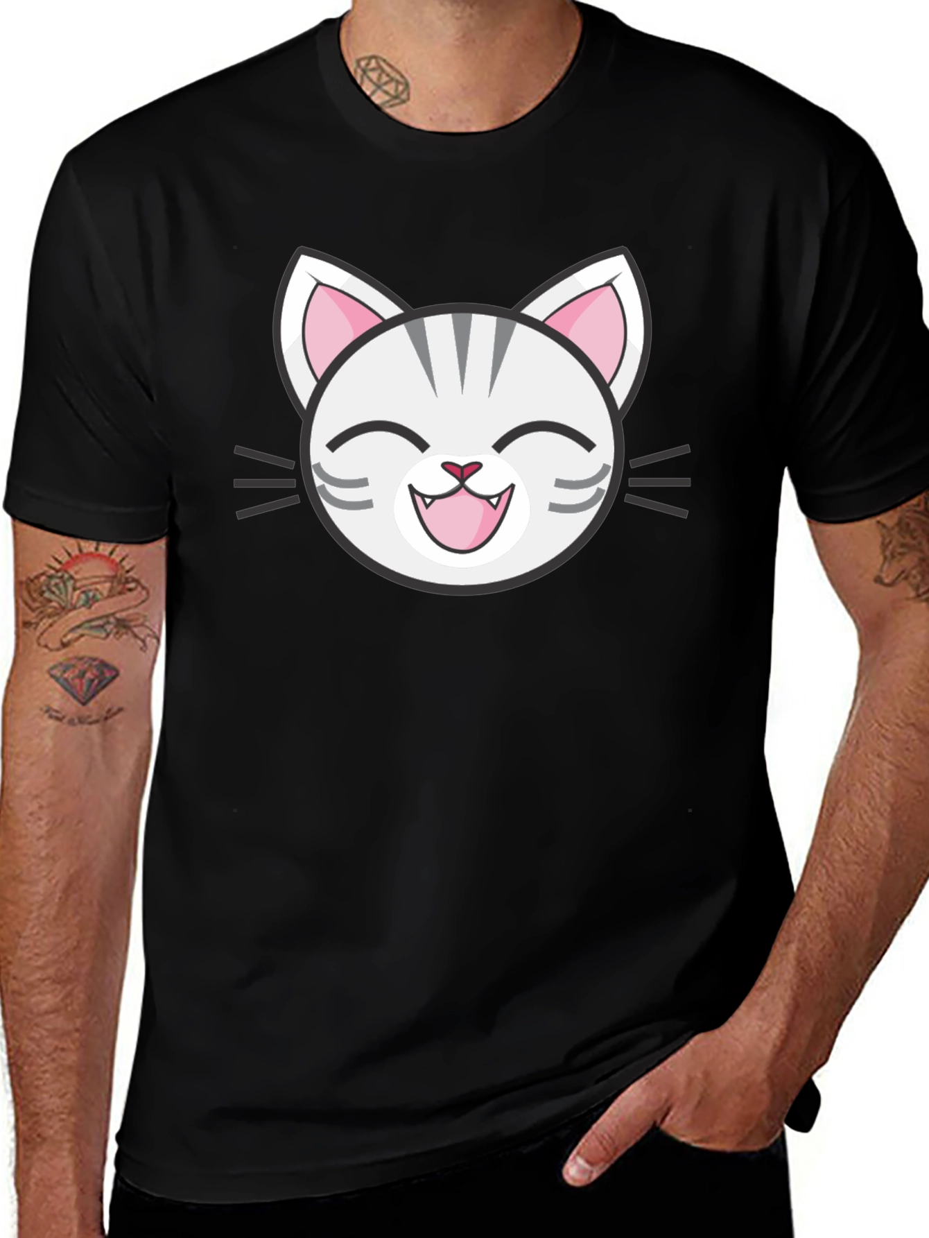 Variant 14 of Cute Cartoon Cat Face Graphic Black T-Shirt