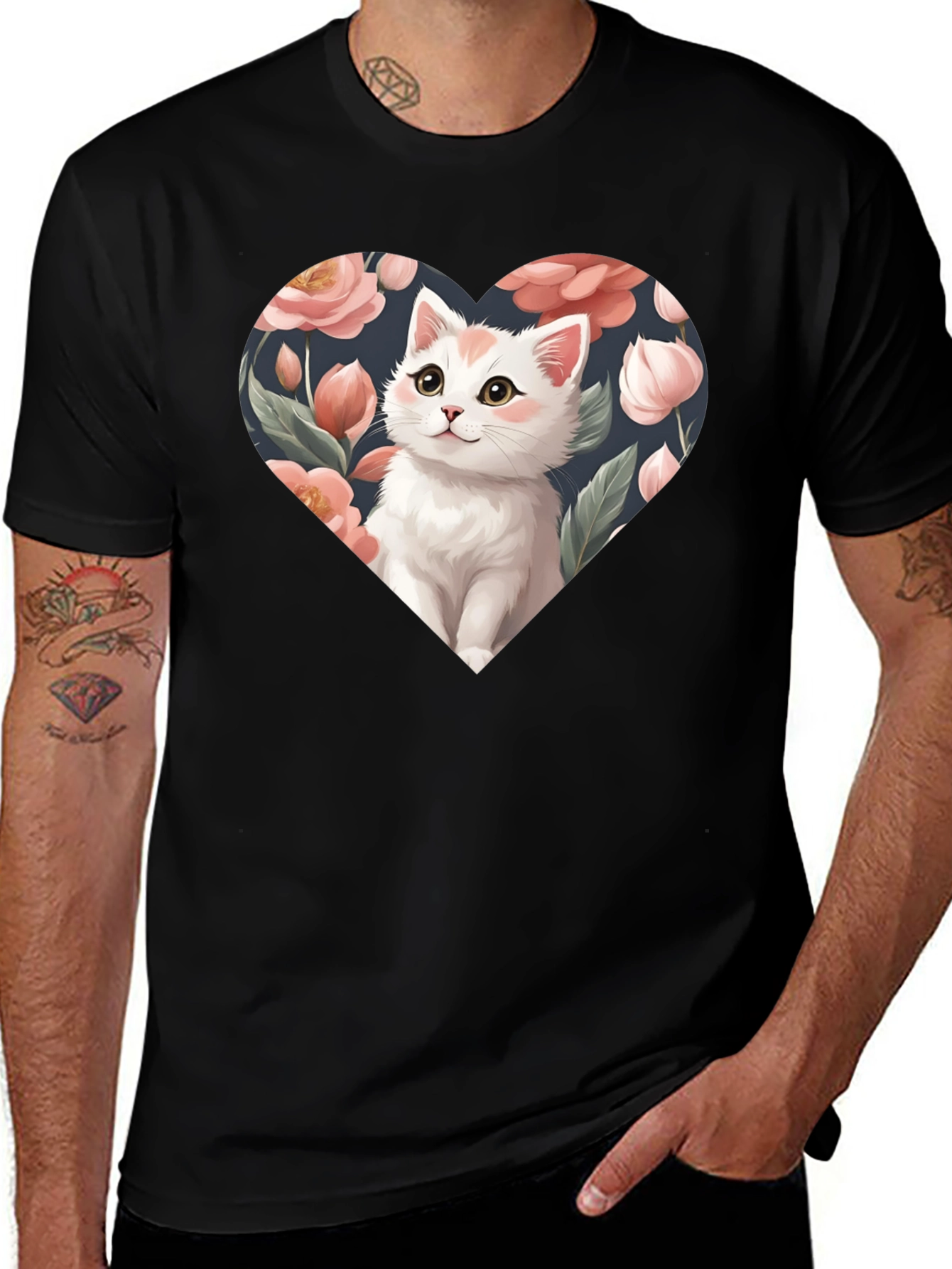 Variant 28 of Cat Heart Floral T-Shirt - Black