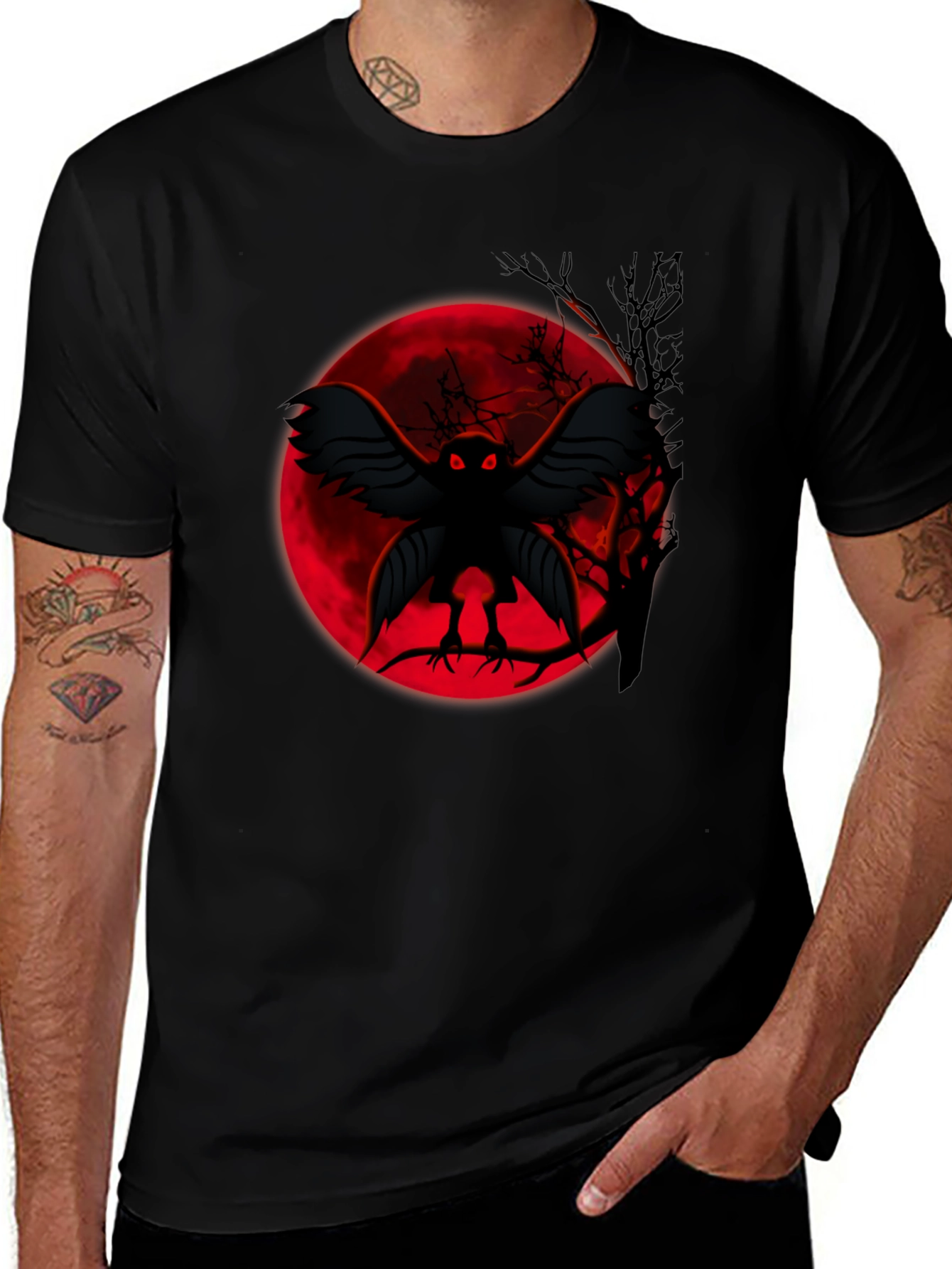 Mothman T-Shirt - Cryptid Black Tee Red Moon Graphic
