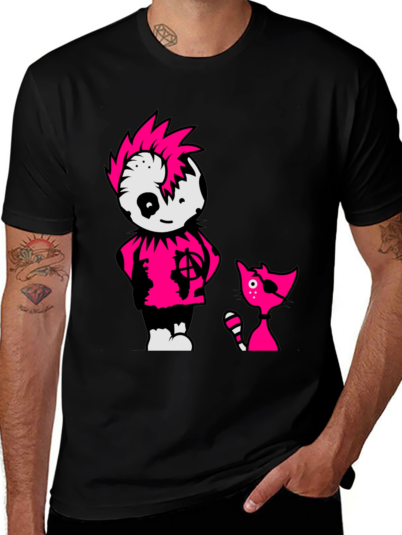 Variant 11 of Black Tee with Punk Cartoon Character and Cat
