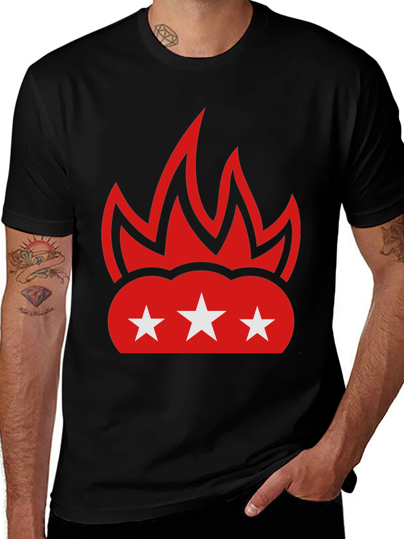 Bold Graphic Tee: Red Flames & Stars Black Shirt