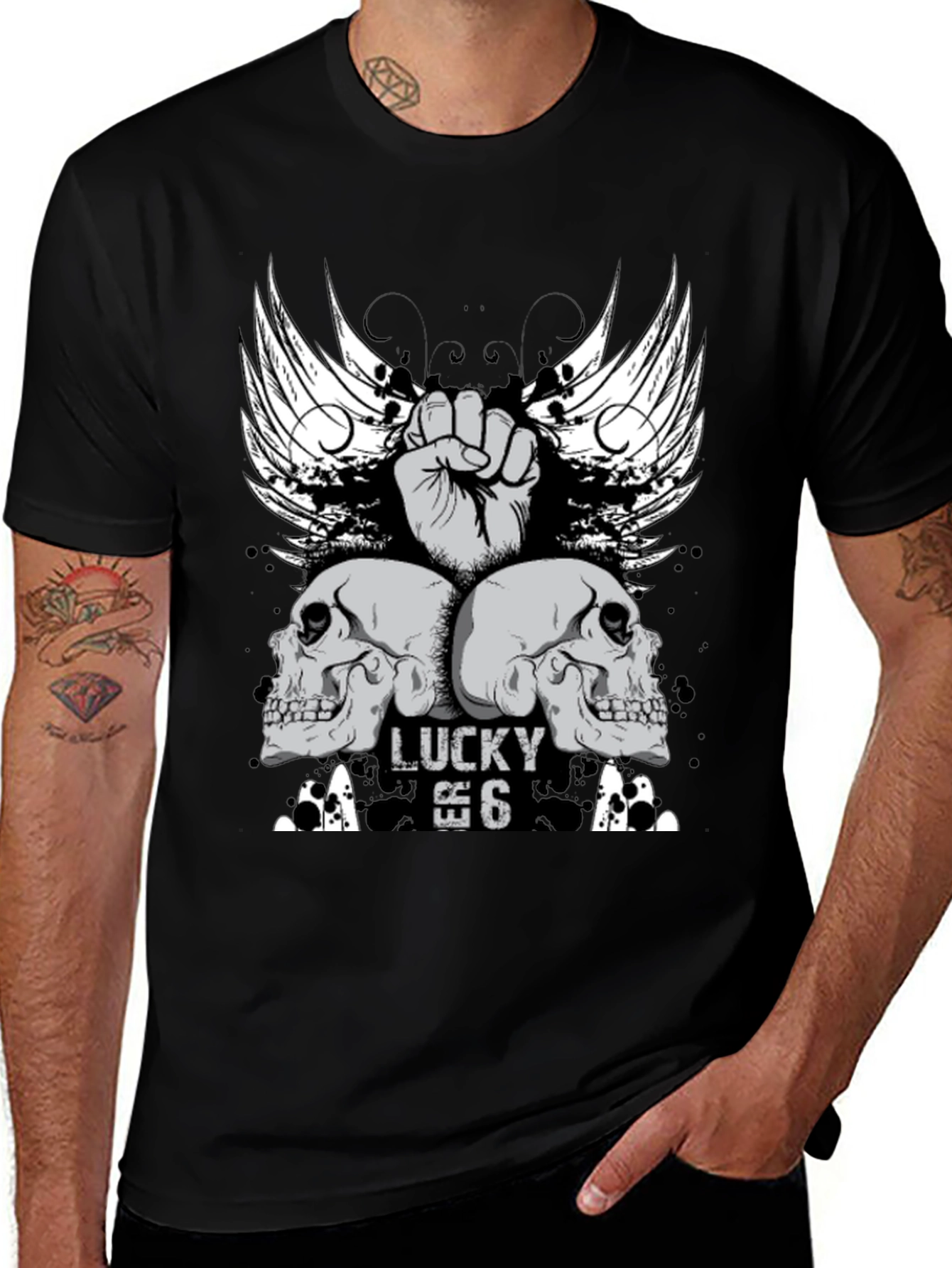 Variant 12 of Lucky 6 Skull Wings Graphic T-Shirt