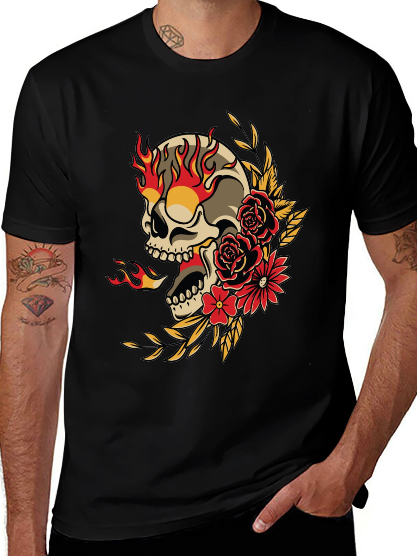 Variant 21 of Skull & Roses Graphic Tee - Gothic Flame Design