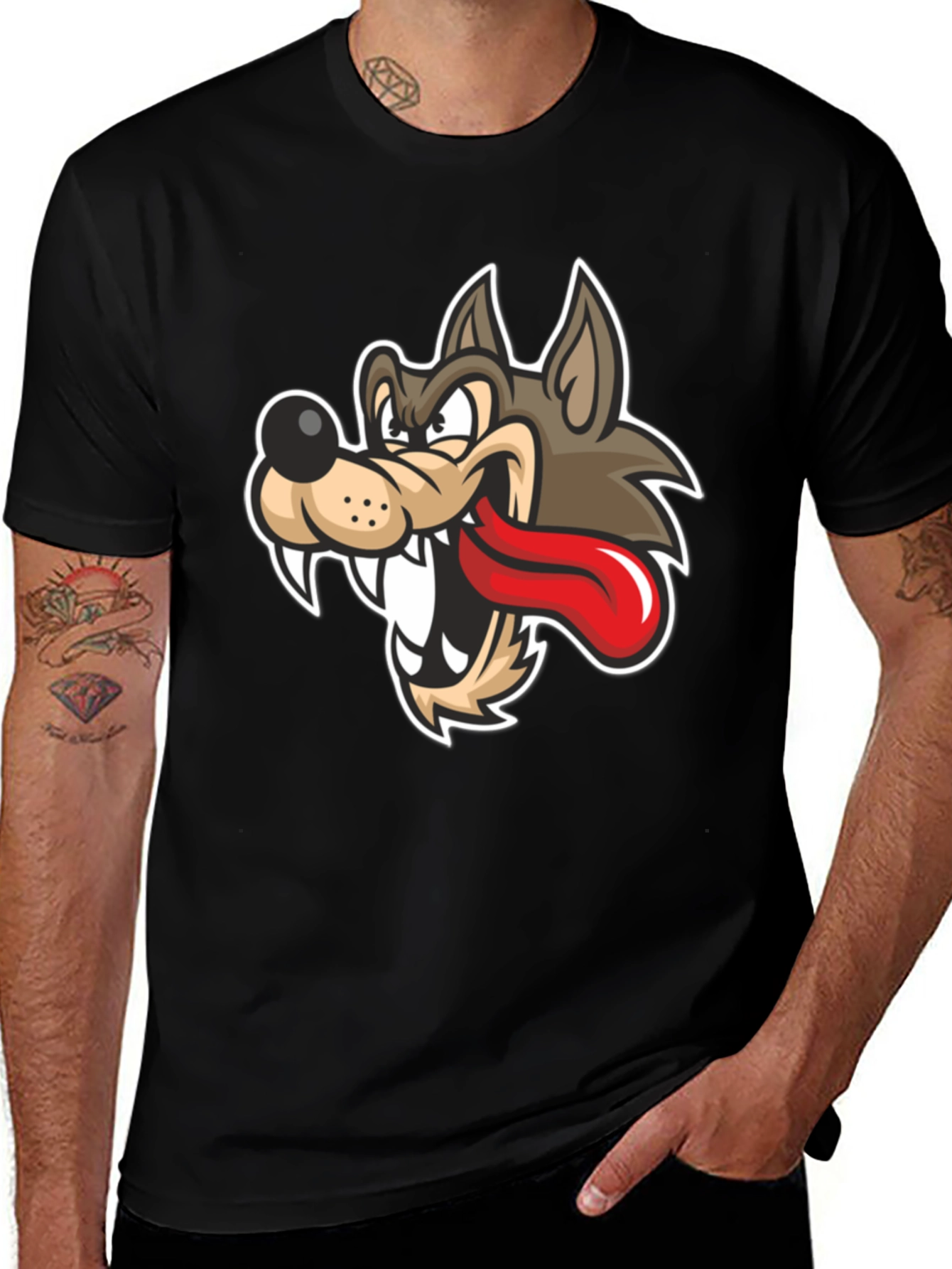 Variant 18 of Cartoon Wolf Graphic Black T-Shirt