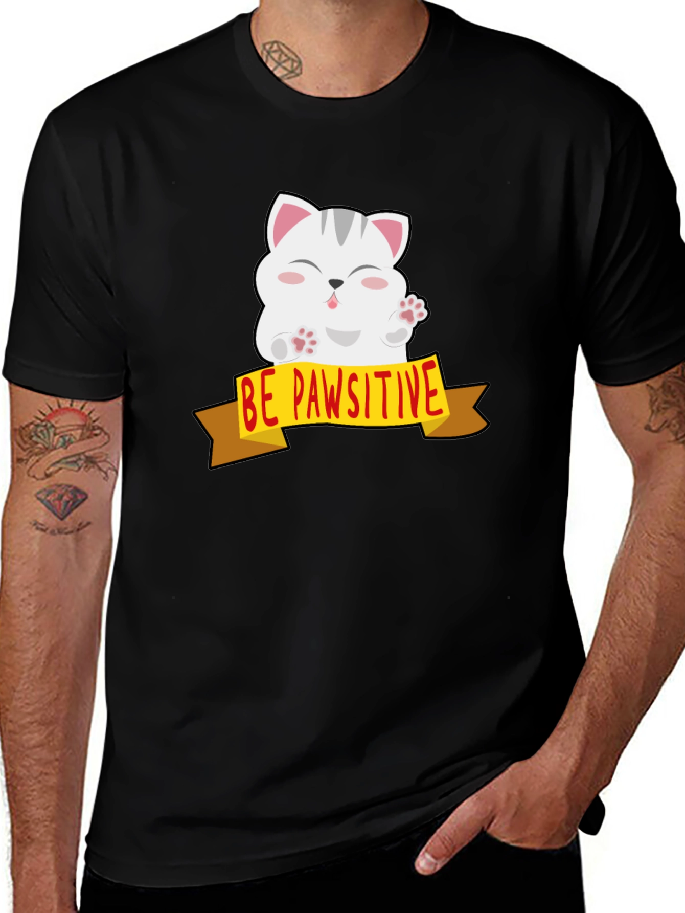 Variant 4 of Be Pawsitive Cat Graphic Tee - Men's Black T-Shirt