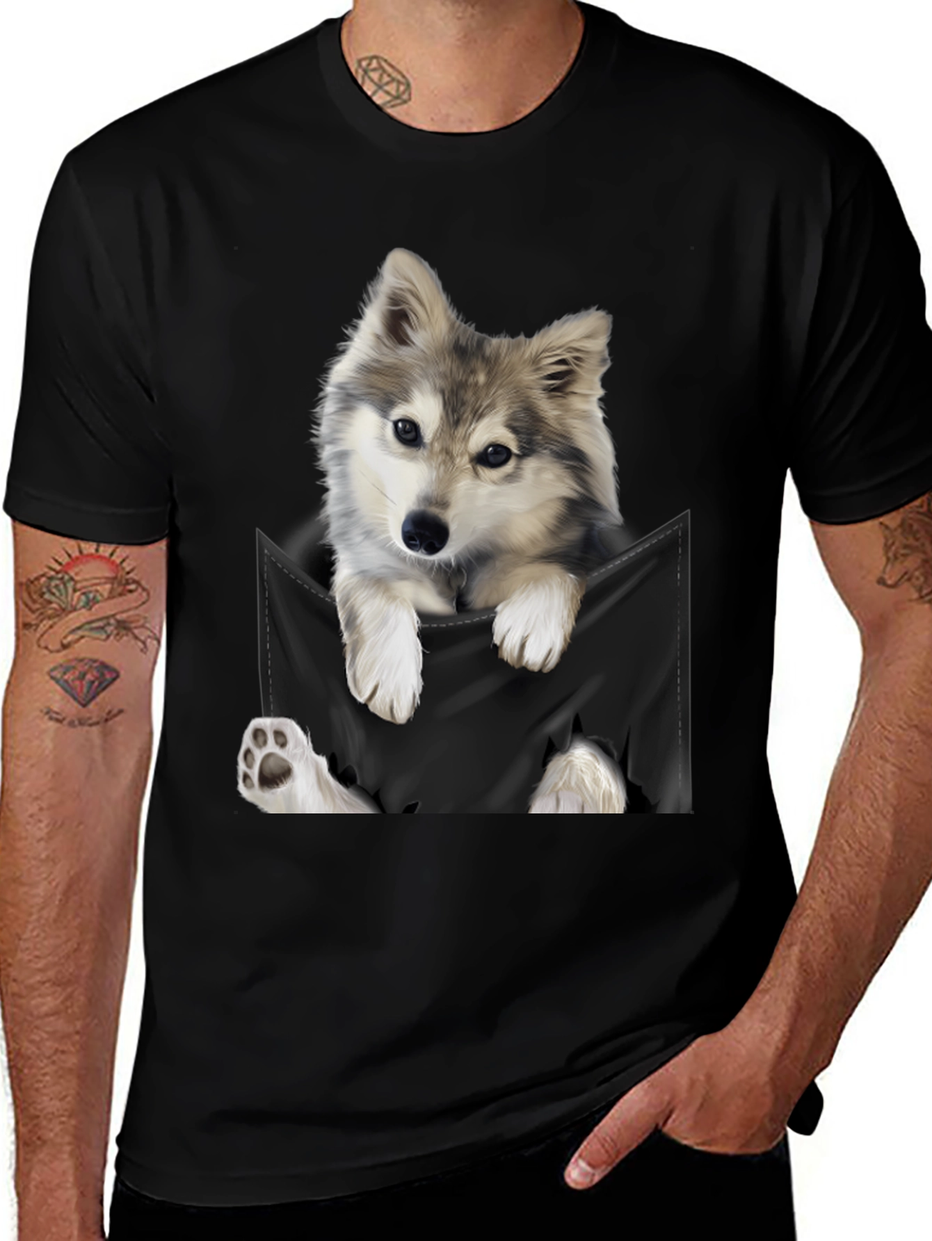 Variant 14 of Cute Dog Pocket Print Black T-Shirt